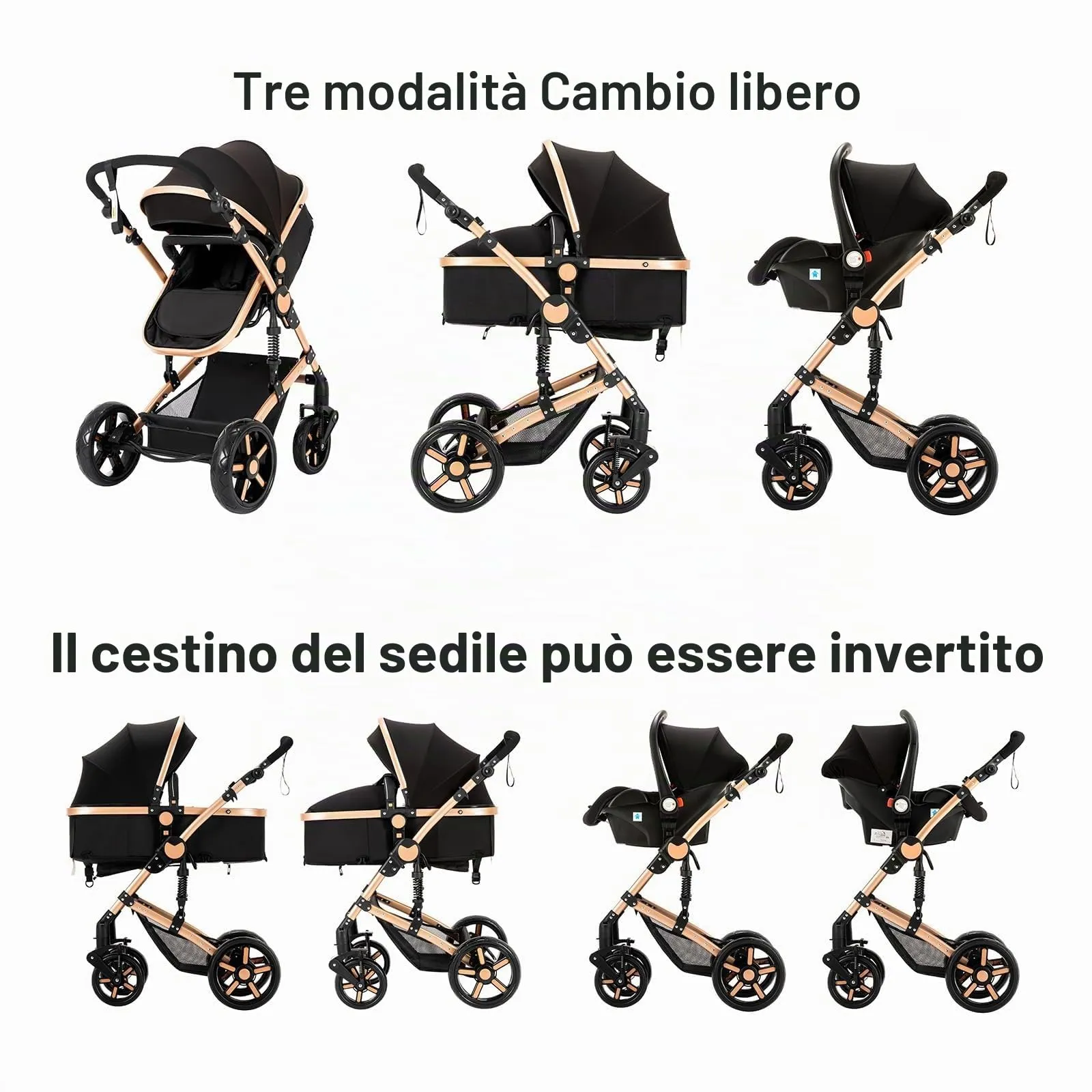 Reenborn Passeggino Trio, Passeggino 3 in 1 con Due Modi Reversibili Spingere, Trio con Telaio Alluminio Paesaggistico Alto, Trio Passeggino Neonati con Design Pieghevole in Un Clic (739 Black Gold) - immagine 5