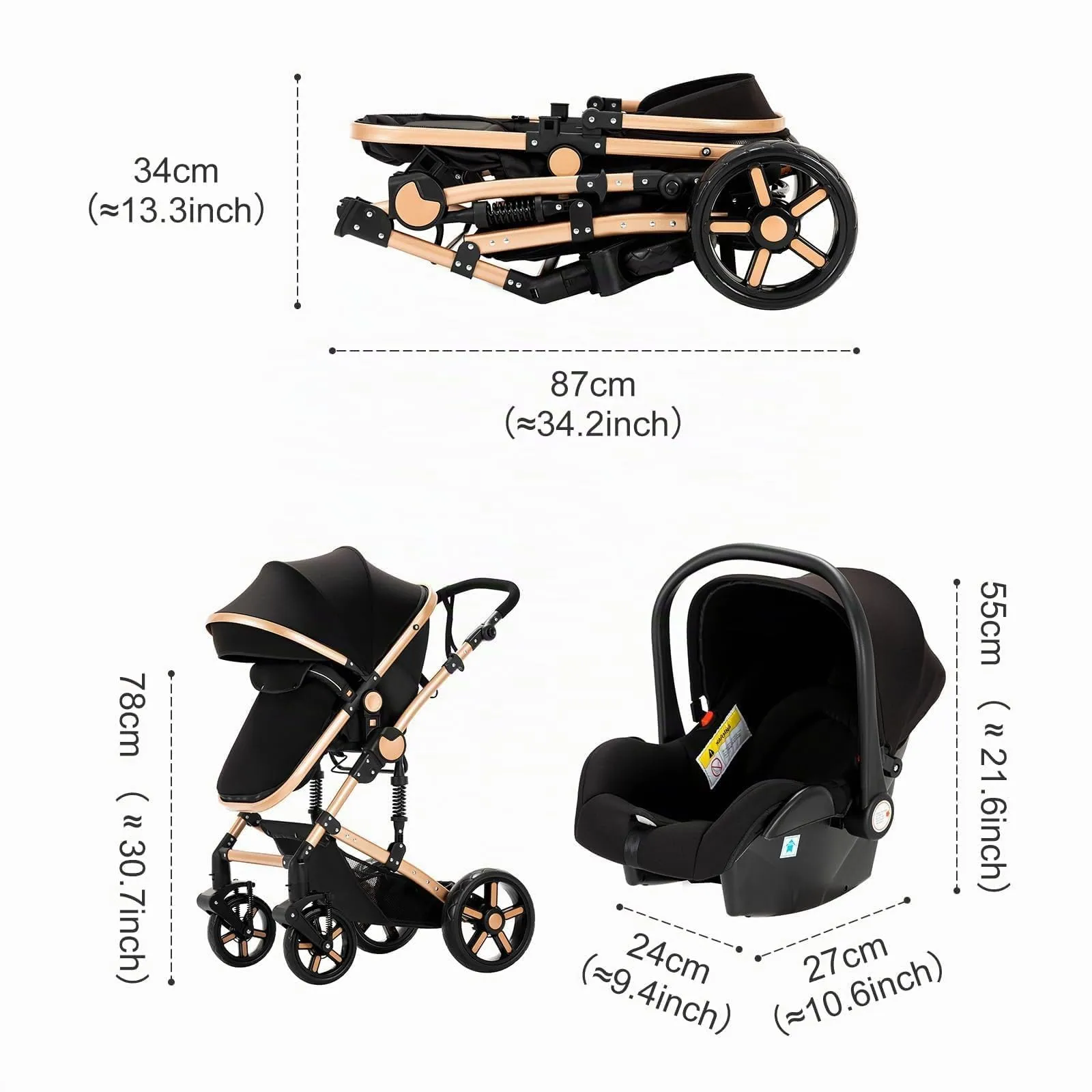 Reenborn Passeggino Trio, Passeggino 3 in 1 con Due Modi Reversibili Spingere, Trio con Telaio Alluminio Paesaggistico Alto, Trio Passeggino Neonati con Design Pieghevole in Un Clic (739 Black Gold) - immagine 6