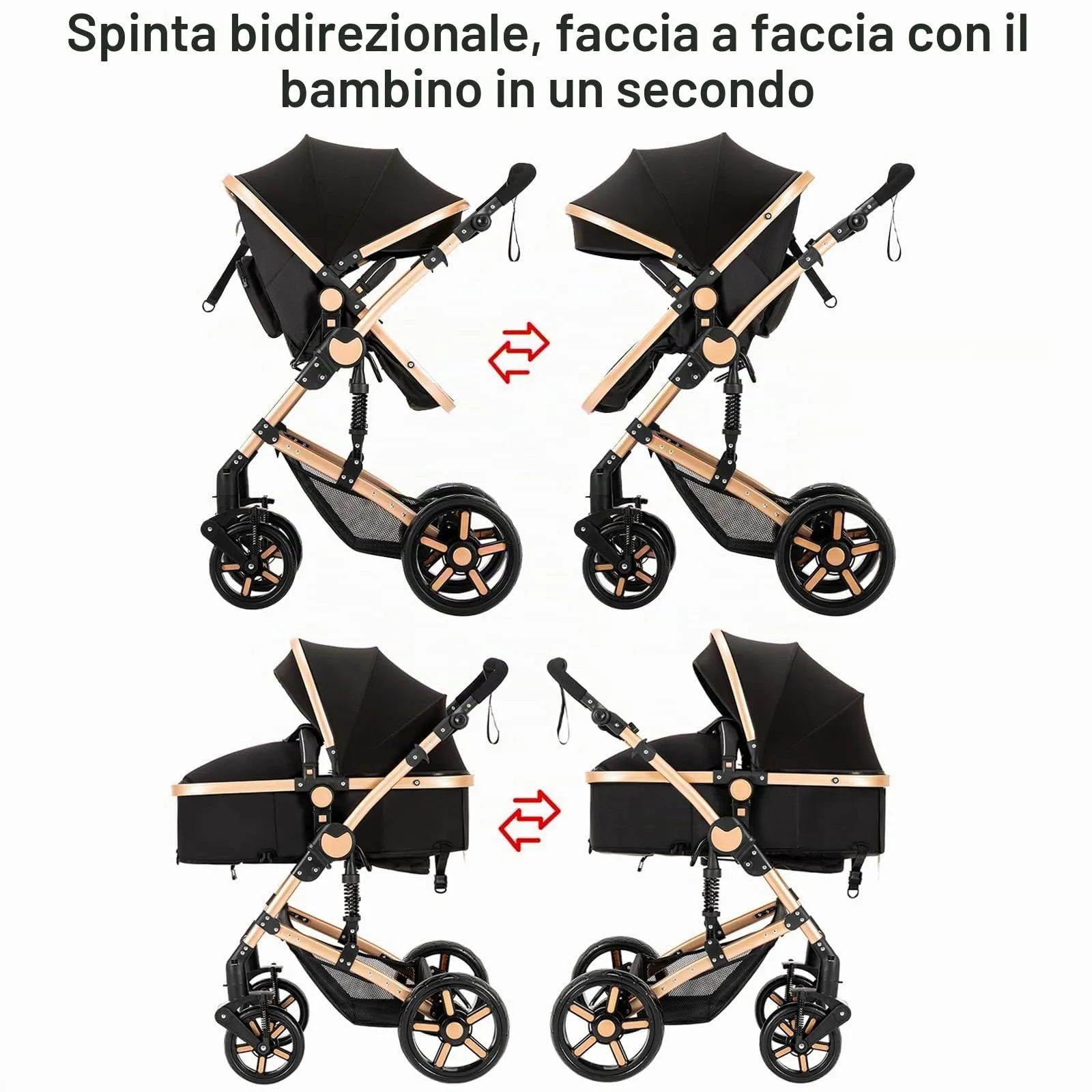Reenborn Passeggino Trio, Passeggino 3 in 1 con Due Modi Reversibili Spingere, Trio con Telaio Alluminio Paesaggistico Alto, Trio Passeggino Neonati con Design Pieghevole in Un Clic (739 Black Gold) - immagine 7
