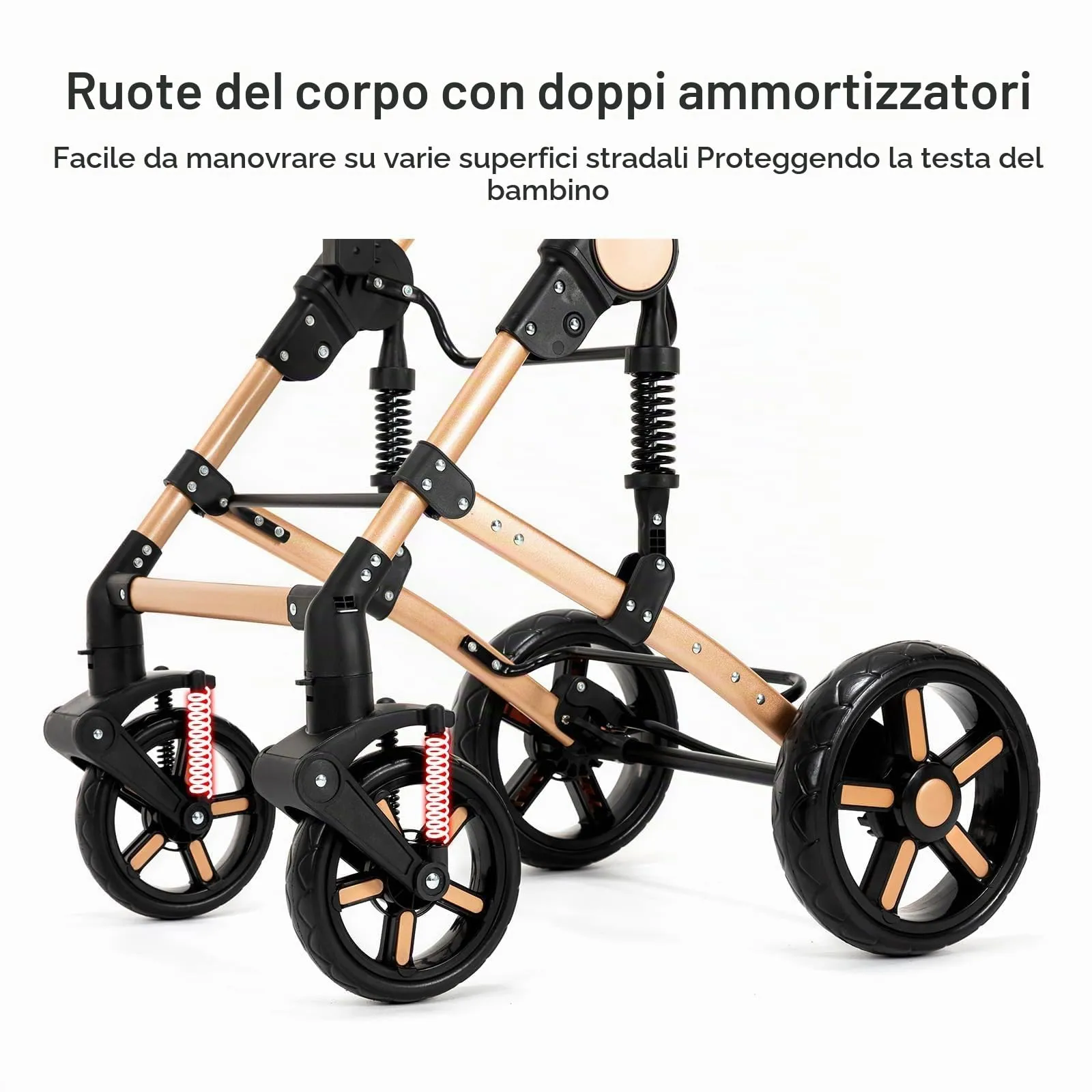 Reenborn Passeggino Trio, Passeggino 3 in 1 con Due Modi Reversibili Spingere, Trio con Telaio Alluminio Paesaggistico Alto, Trio Passeggino Neonati con Design Pieghevole in Un Clic (739 Black Gold) - immagine 8