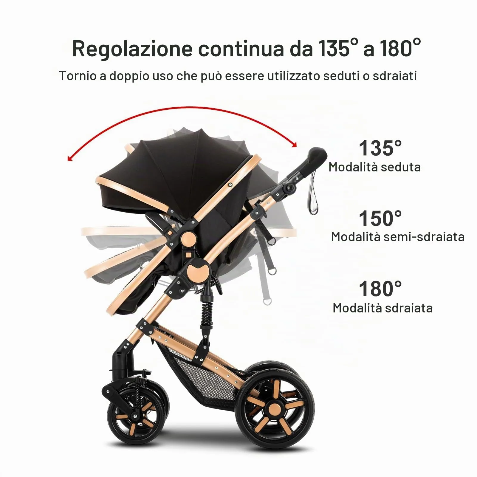 Reenborn Passeggino Trio, Passeggino 3 in 1 con Due Modi Reversibili Spingere, Trio con Telaio Alluminio Paesaggistico Alto, Trio Passeggino Neonati con Design Pieghevole in Un Clic (739 Black Gold) - immagine 9