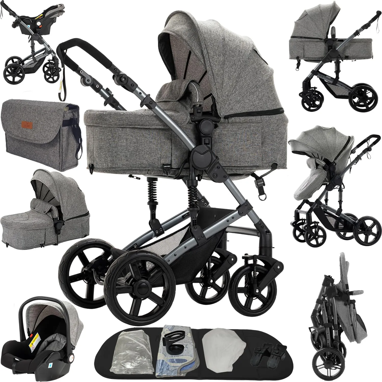 Reenborn Passeggino Trio, Passeggino 3 in 1 con Due Modi Reversibili Spingere, Trio Neonati con Telaio Alluminio Paesaggistico Alto, Design Pieghevole in Un Clic (588 Grey) - immagine 1