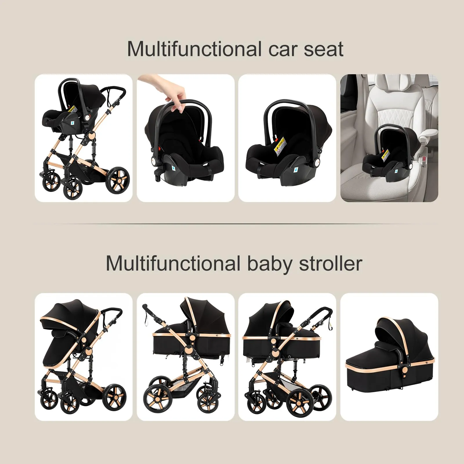 Reenborn Passeggino Trio, Passeggino 3 in 1 con Due Modi Reversibili Spingere, Trio Neonati con Telaio Alluminio Paesaggistico Alto, Design Pieghevole in Un Clic (588 Grey) - immagine 3