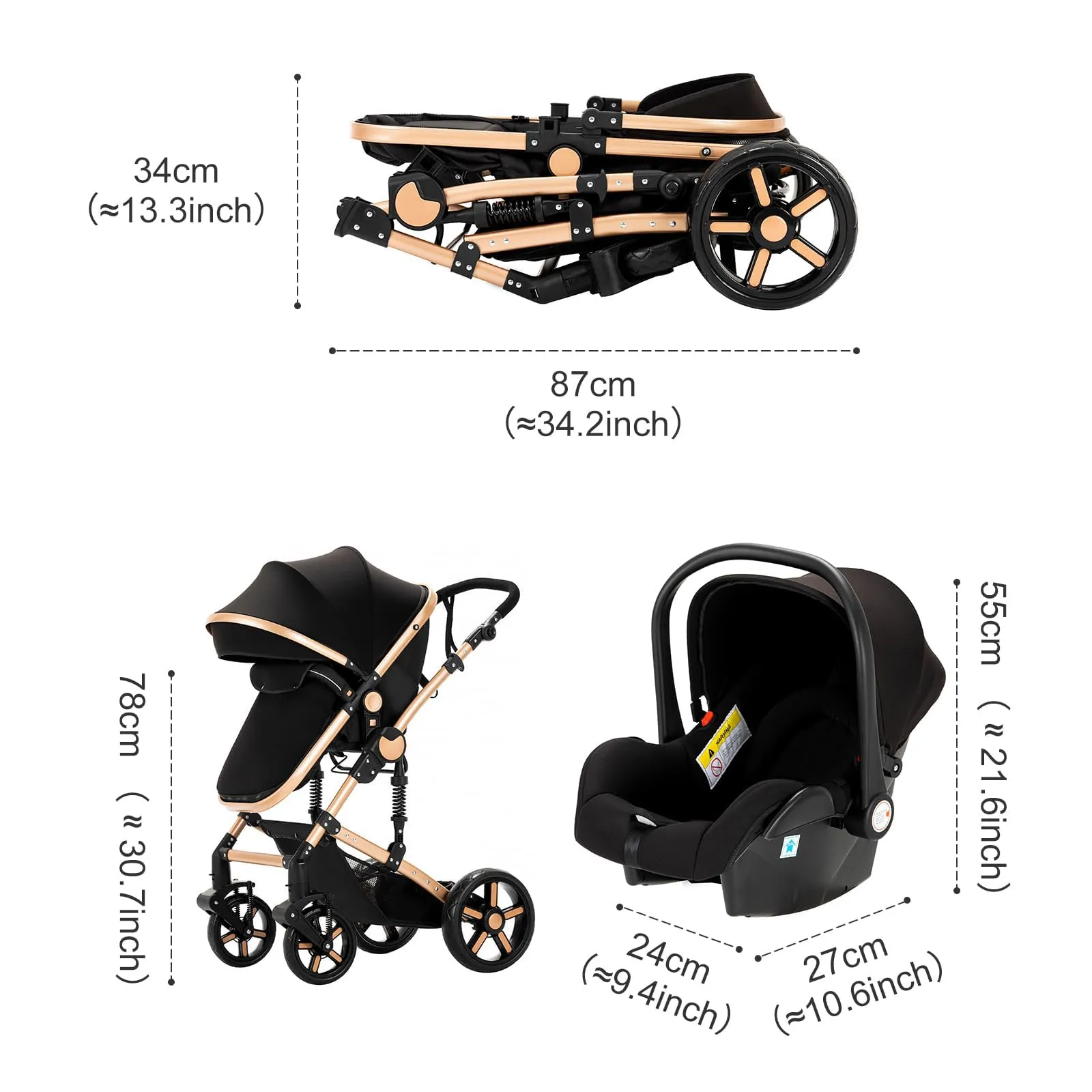 Reenborn Passeggino Trio, Passeggino 3 in 1 con Due Modi Reversibili Spingere, Trio Neonati con Telaio Alluminio Paesaggistico Alto, Design Pieghevole in Un Clic (588 Grey) - immagine 6