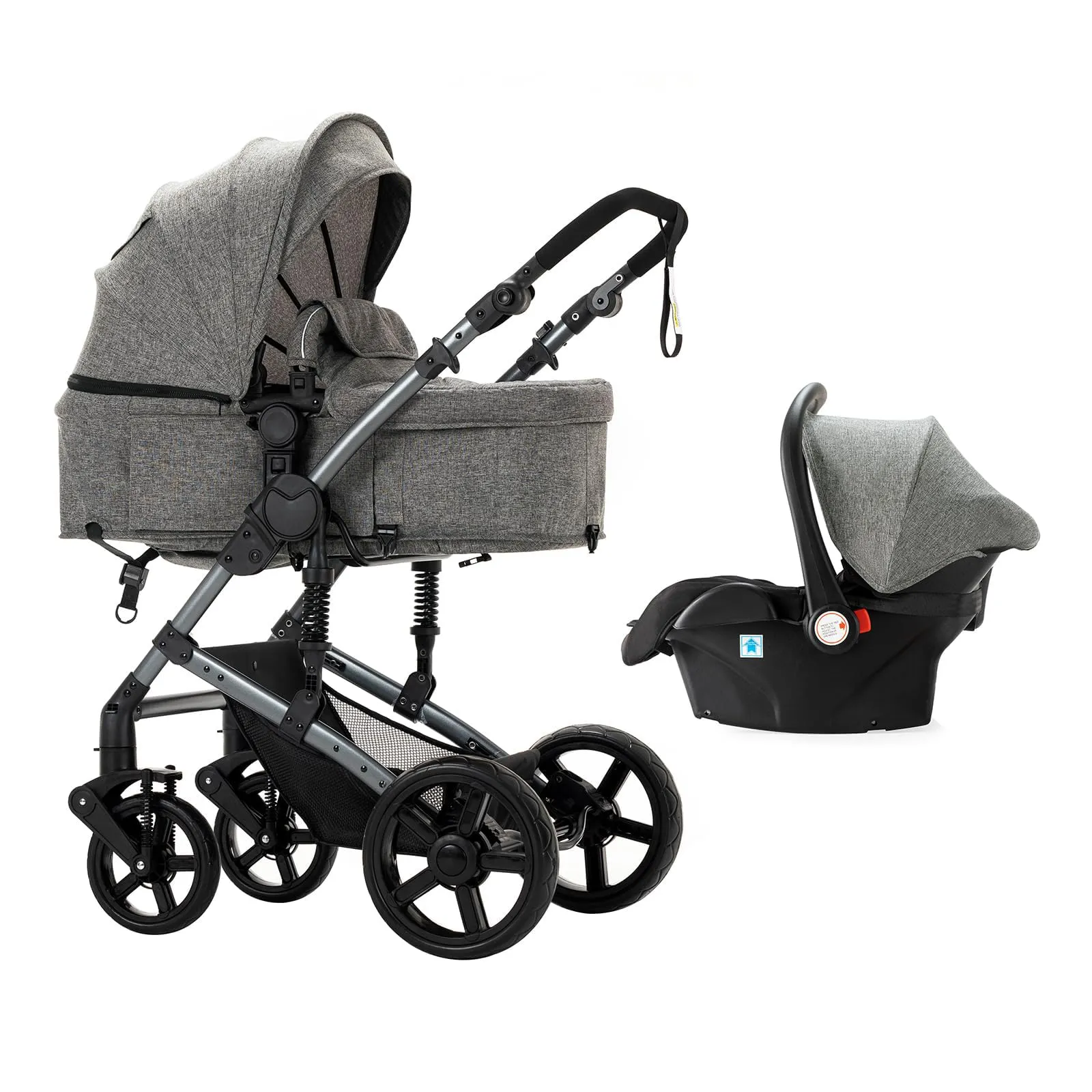 Reenborn Passeggino Trio, Passeggino 3 in 1 con Due Modi Reversibili Spingere, Trio Neonati con Telaio Alluminio Paesaggistico Alto, Design Pieghevole in Un Clic (588 Grey) - immagine 9