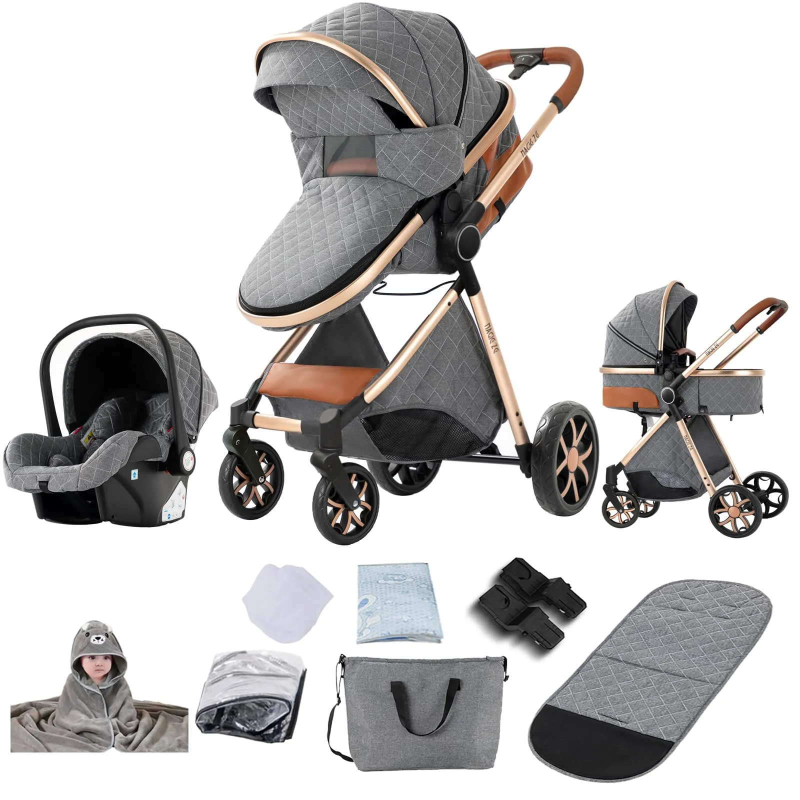 Reenborn Passeggino Trio, Passeggino 3 in 1 con Due Modi Reversibili Spingere, Trio Neonati con Telaio Alluminio Paesaggistico Alto, Design Pieghevole in Un Clic (V9 Grey) - immagine 1