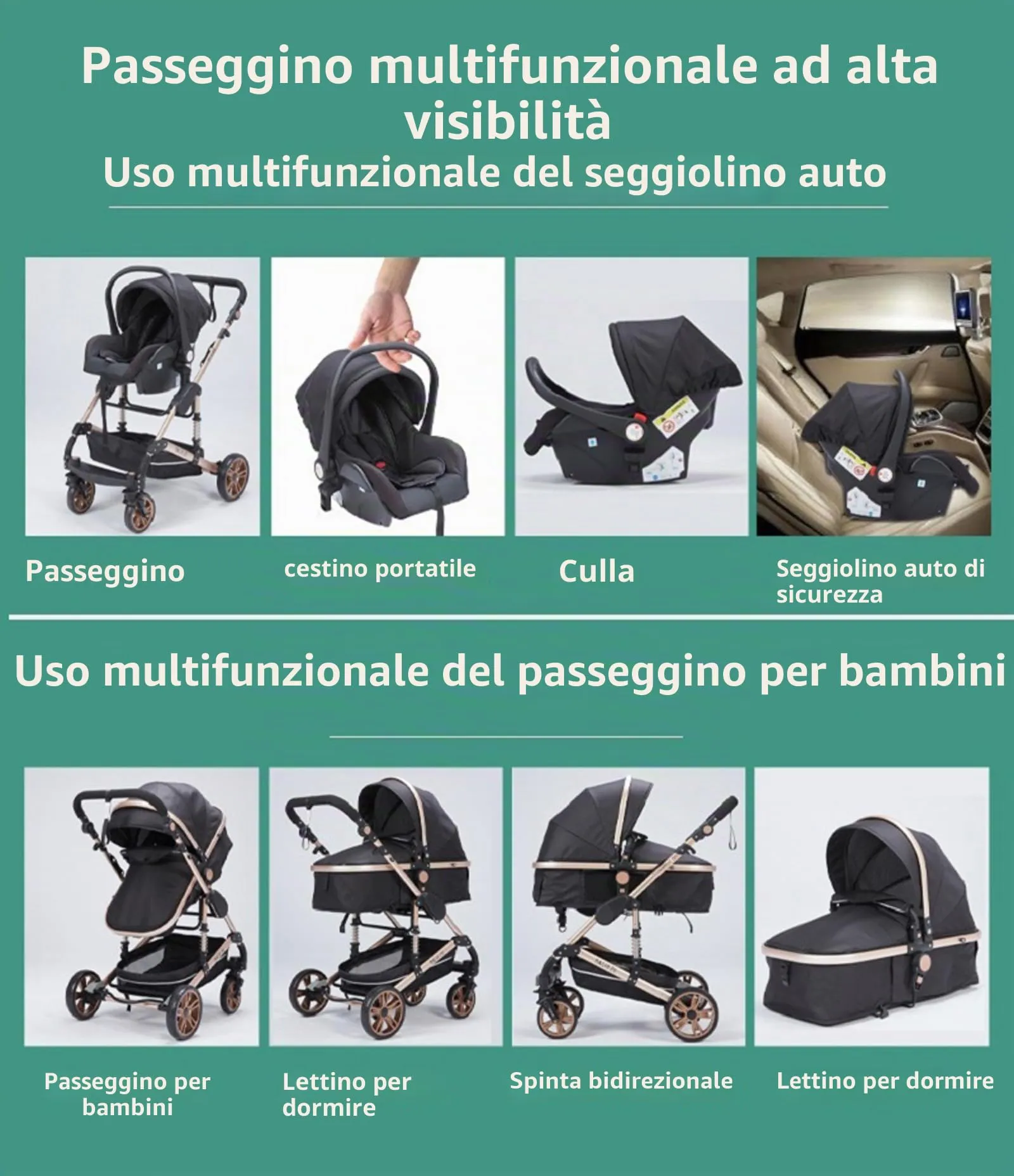 Reenborn Passeggino Trio, Passeggino 3 in 1 con Due Modi Reversibili Spingere, Trio con Telaio Alluminio Paesaggistico Alto, Trio Passeggino Neonati con Design Pieghevole in Un Clic (739 Grey) - immagine 3