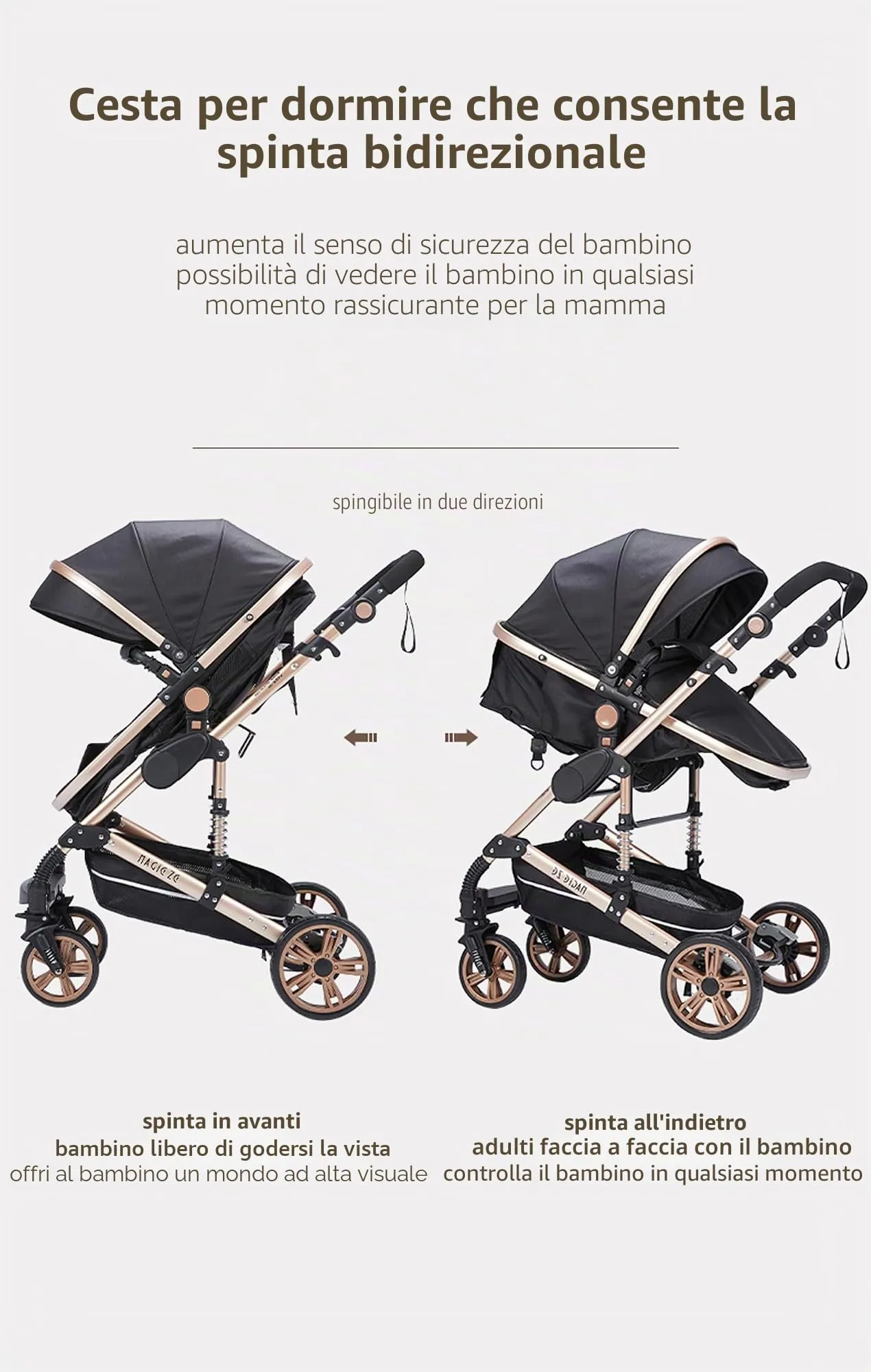 Reenborn Passeggino Trio, Passeggino 3 in 1 con Due Modi Reversibili Spingere, Trio con Telaio Alluminio Paesaggistico Alto, Trio Passeggino Neonati con Design Pieghevole in Un Clic (739 Grey) - immagine 4