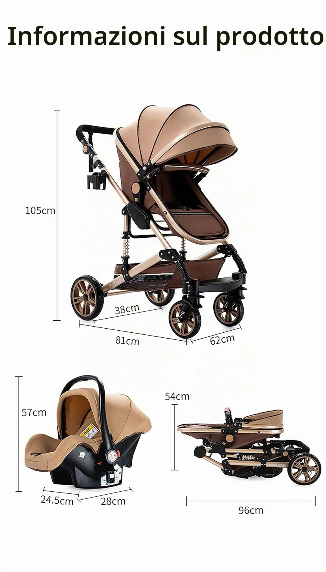 Reenborn Passeggino Trio, Passeggino 3 in 1 con Due Modi Reversibili Spingere, Trio con Telaio Alluminio Paesaggistico Alto, Trio Passeggino Neonati con Design Pieghevole in Un Clic (739 Grey) - immagine 6