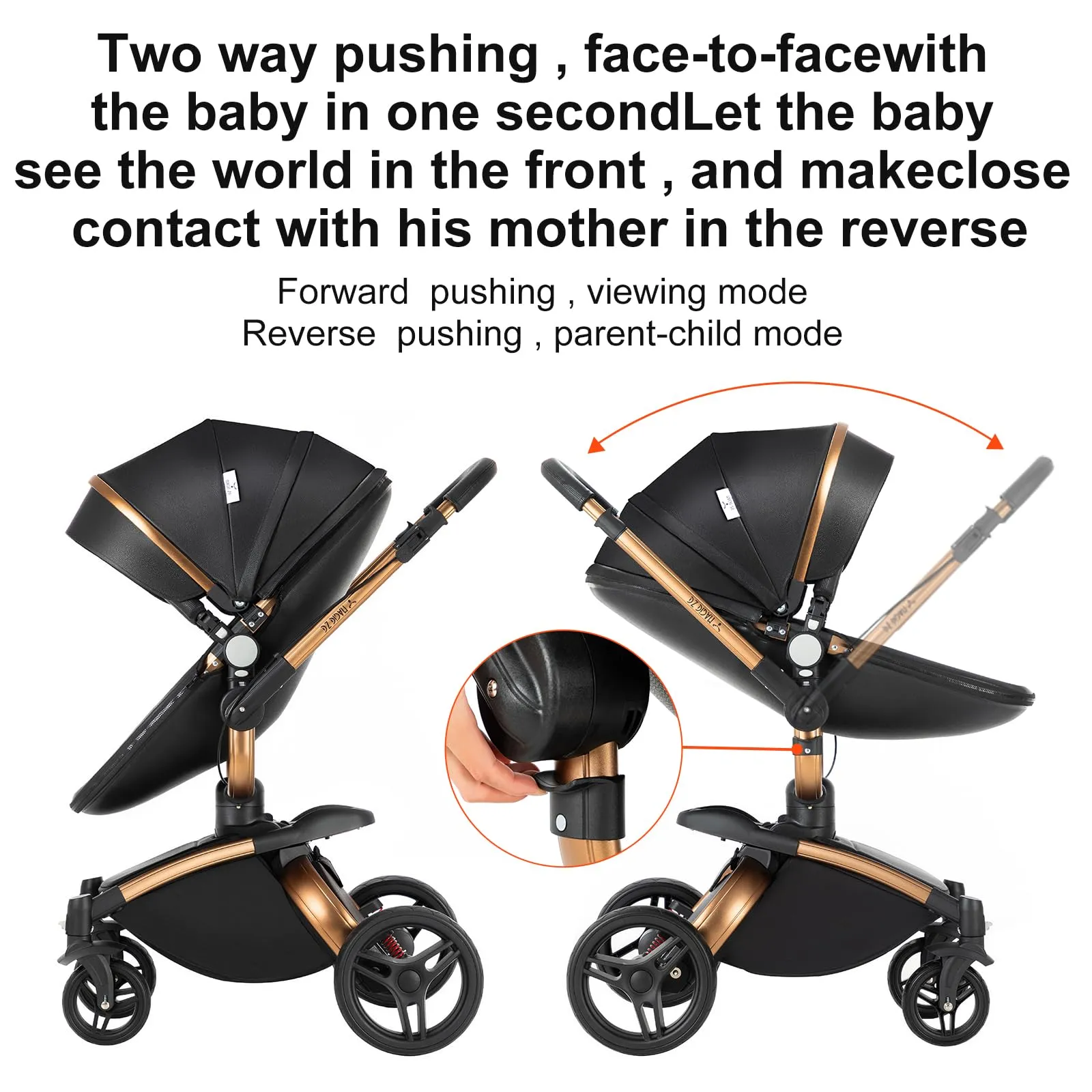 Reenborn Pelle PU Passeggino Trio, Passeggino 3 in 1 con Sedili Regolabili Rotanti 360°, Trio Neonati con Telaio Alluminio Paesaggistico Alto, Design Pieghevole in Un Clic (906 Black) - immagine 7