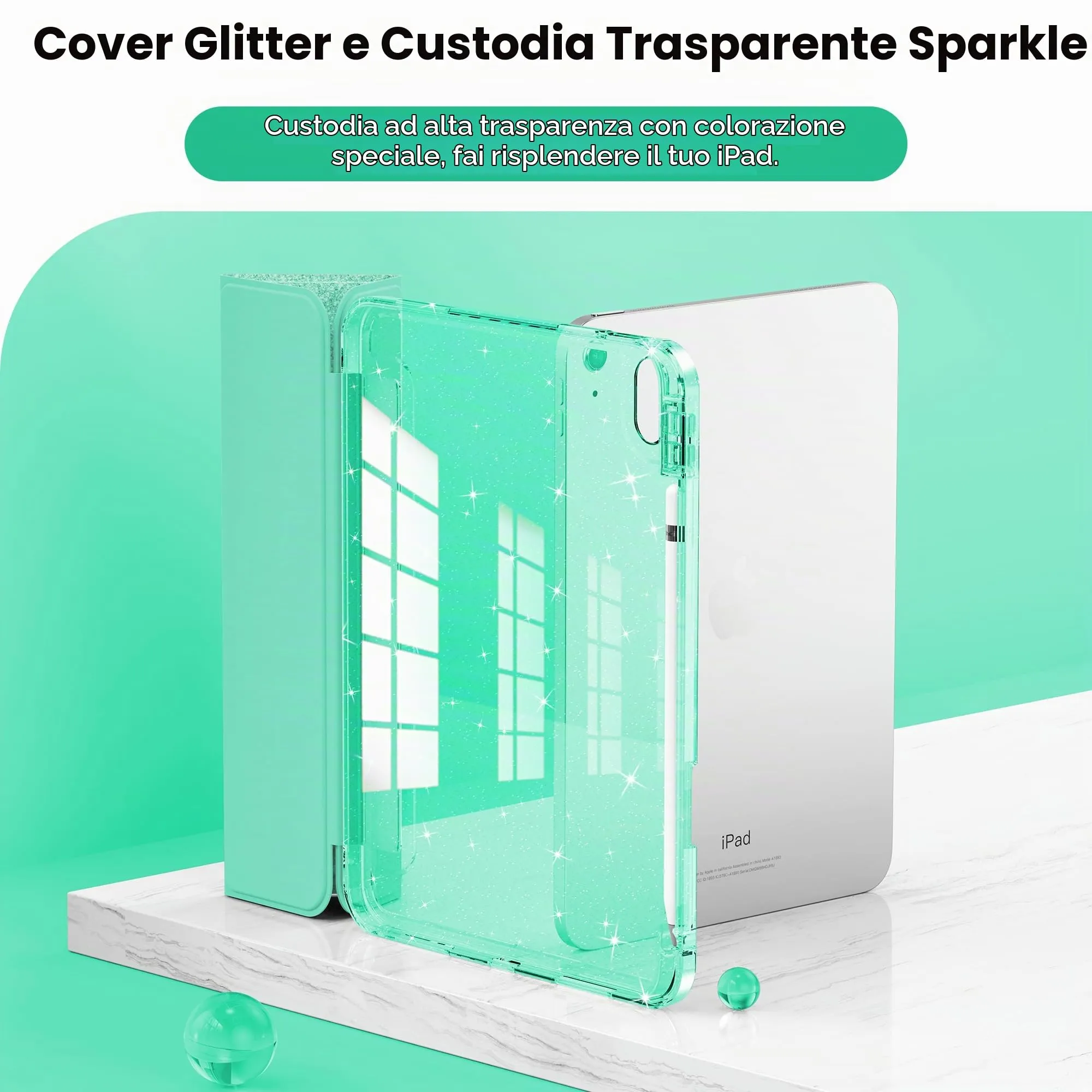 INFILAND Custodia per iPad 11 Generazione A16 11 Pollici 2025/iPad 10 Generazione 10,9 Pollici 2022,Glitterata con Retro Trasparente Brillante, Portapenne, per Bambini e Ragazze (Seafoam Green) - immagine 3