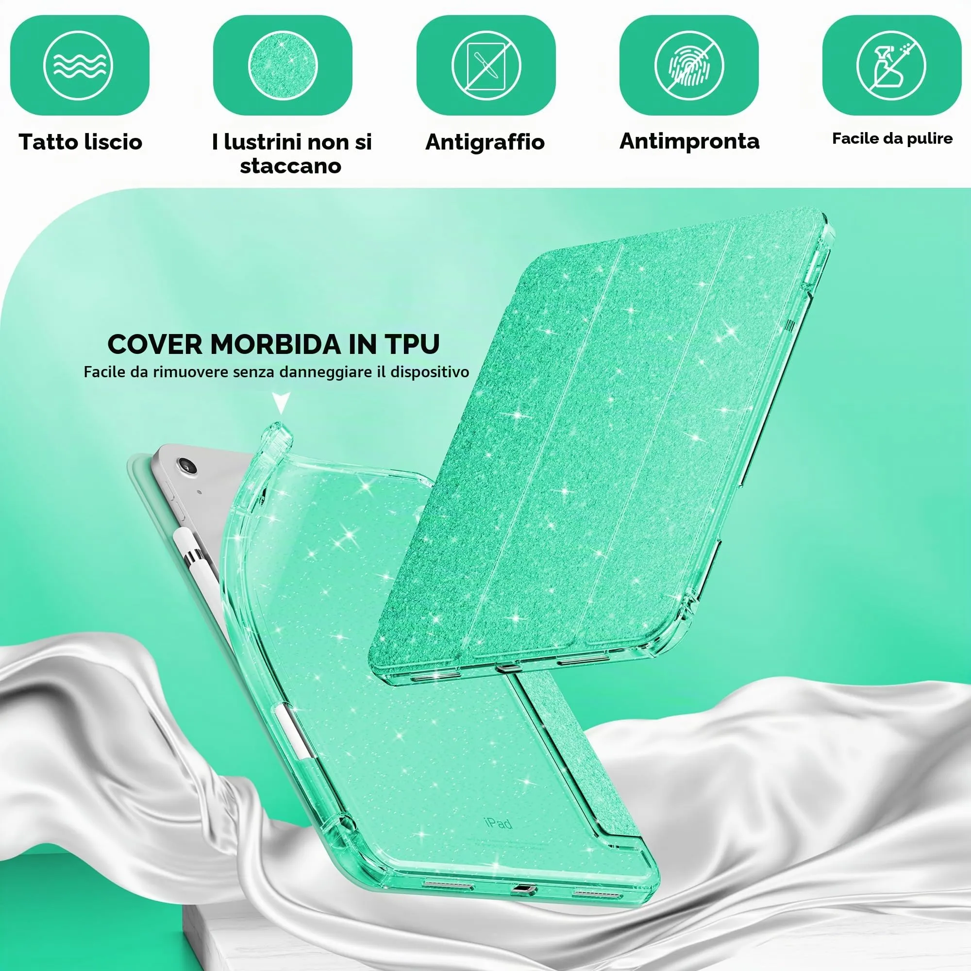 INFILAND Custodia per iPad 11 Generazione A16 11 Pollici 2025/iPad 10 Generazione 10,9 Pollici 2022,Glitterata con Retro Trasparente Brillante, Portapenne, per Bambini e Ragazze (Seafoam Green) - immagine 4