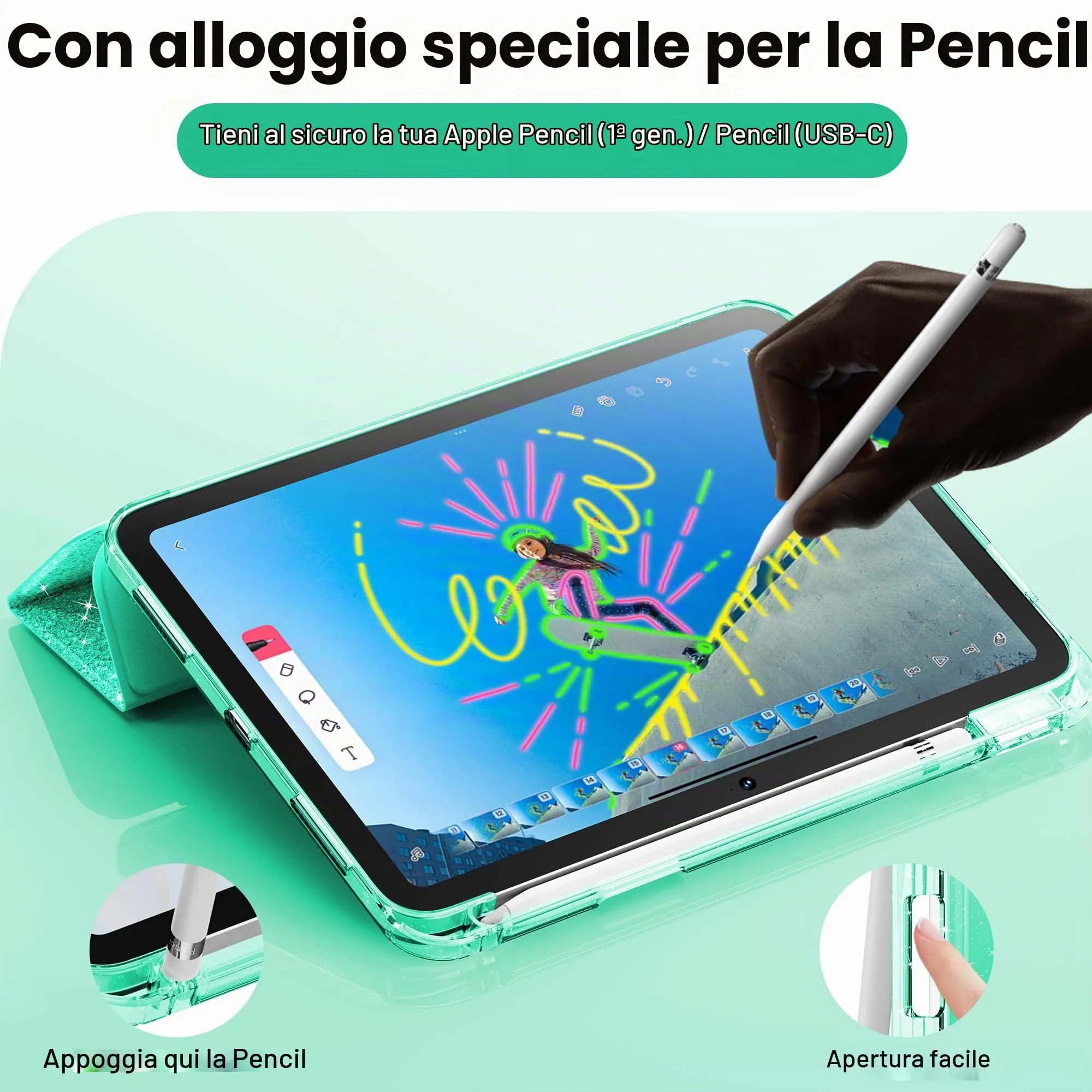 INFILAND Custodia per iPad 11 Generazione A16 11 Pollici 2025/iPad 10 Generazione 10,9 Pollici 2022,Glitterata con Retro Trasparente Brillante, Portapenne, per Bambini e Ragazze (Seafoam Green) - immagine 5
