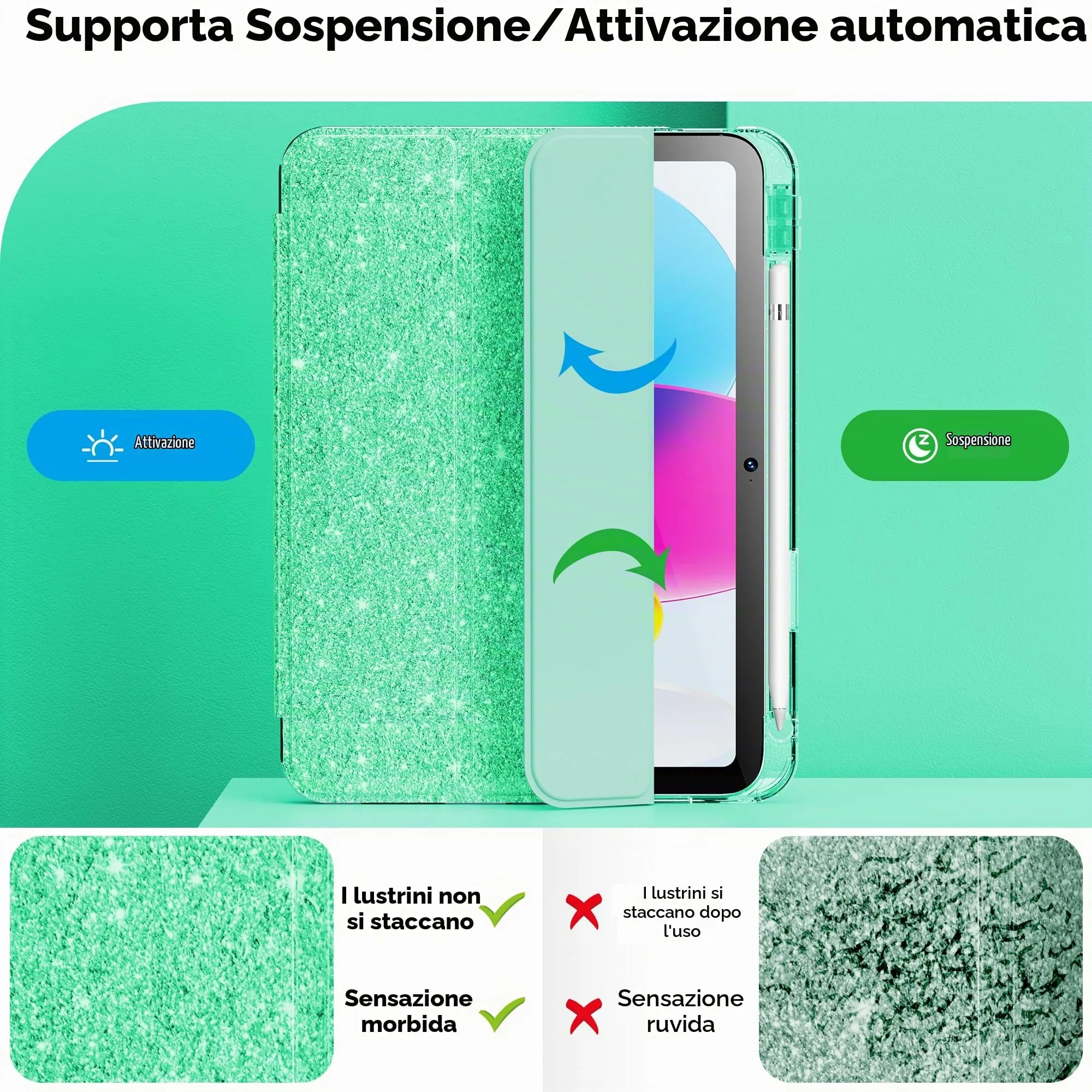 INFILAND Custodia per iPad 11 Generazione A16 11 Pollici 2025/iPad 10 Generazione 10,9 Pollici 2022,Glitterata con Retro Trasparente Brillante, Portapenne, per Bambini e Ragazze (Seafoam Green) - immagine 6