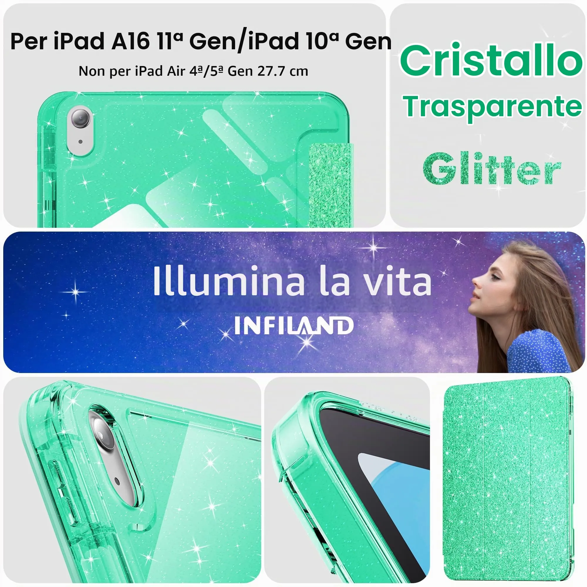 INFILAND Custodia per iPad 11 Generazione A16 11 Pollici 2025/iPad 10 Generazione 10,9 Pollici 2022,Glitterata con Retro Trasparente Brillante, Portapenne, per Bambini e Ragazze (Seafoam Green) - immagine 7