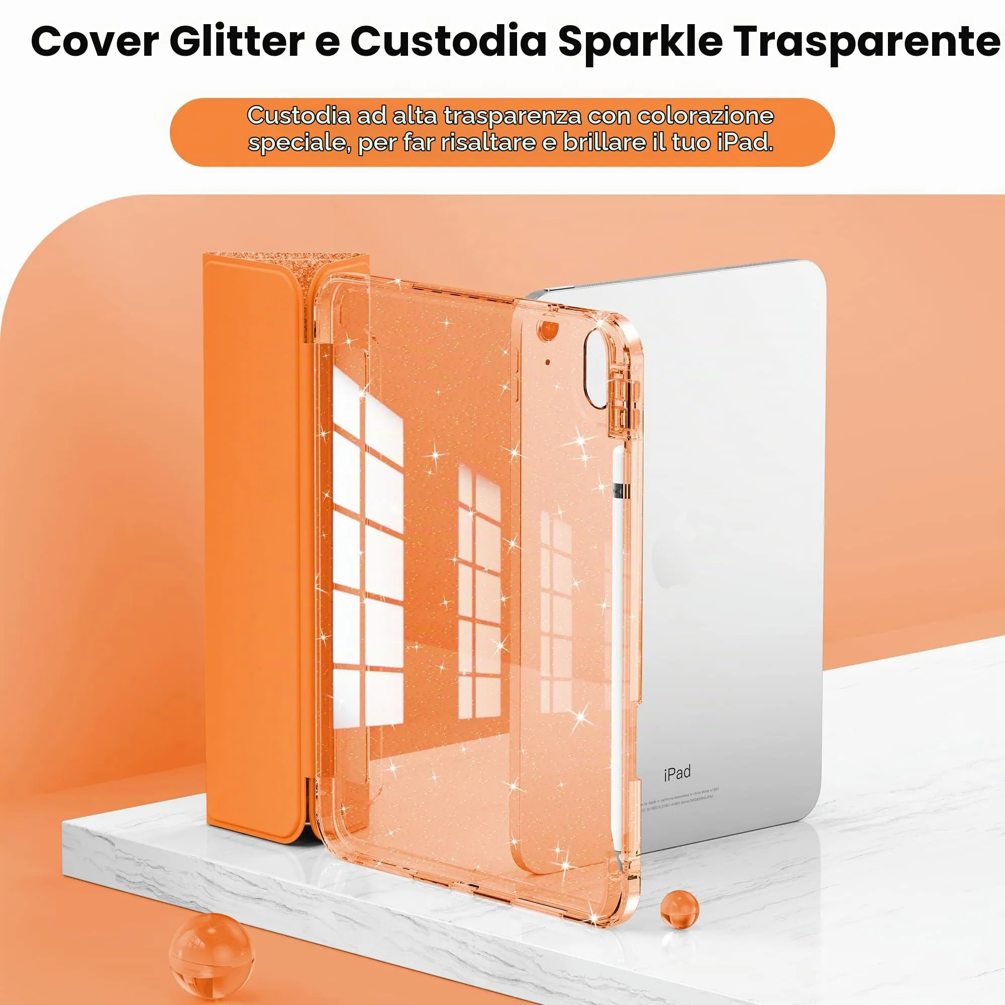 INFILAND Custodia per iPad 11 Generazione A16 11 Pollici 2025/iPad 10 Generazione 10,9 Pollici 2022,Glitterata con Retro Trasparente Brillante, Portapenne, per Bambini e Ragazze (Arancio Fuoco) - immagine 3