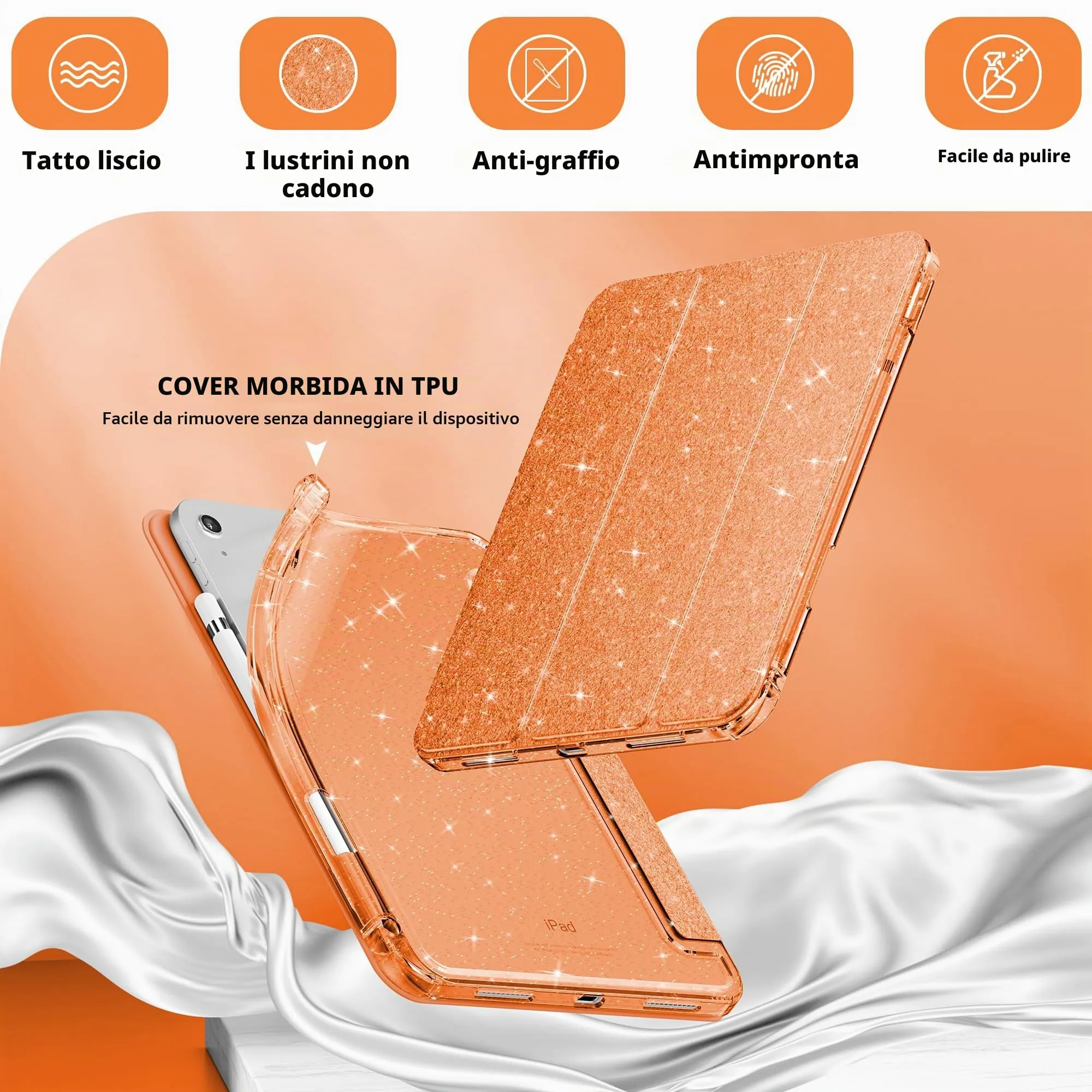 INFILAND Custodia per iPad 11 Generazione A16 11 Pollici 2025/iPad 10 Generazione 10,9 Pollici 2022,Glitterata con Retro Trasparente Brillante, Portapenne, per Bambini e Ragazze (Arancio Fuoco) - immagine 4