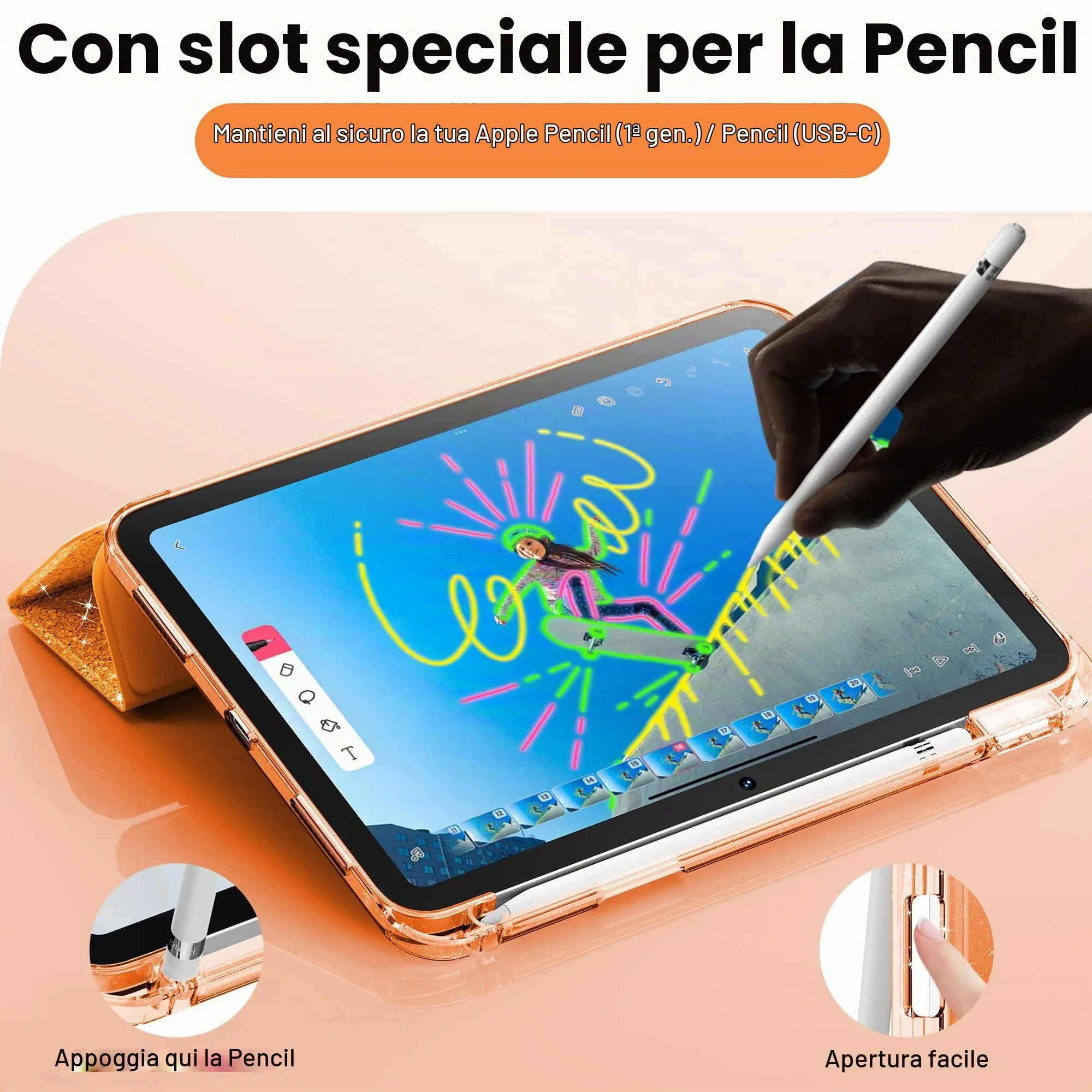 INFILAND Custodia per iPad 11 Generazione A16 11 Pollici 2025/iPad 10 Generazione 10,9 Pollici 2022,Glitterata con Retro Trasparente Brillante, Portapenne, per Bambini e Ragazze (Arancio Fuoco) - immagine 5