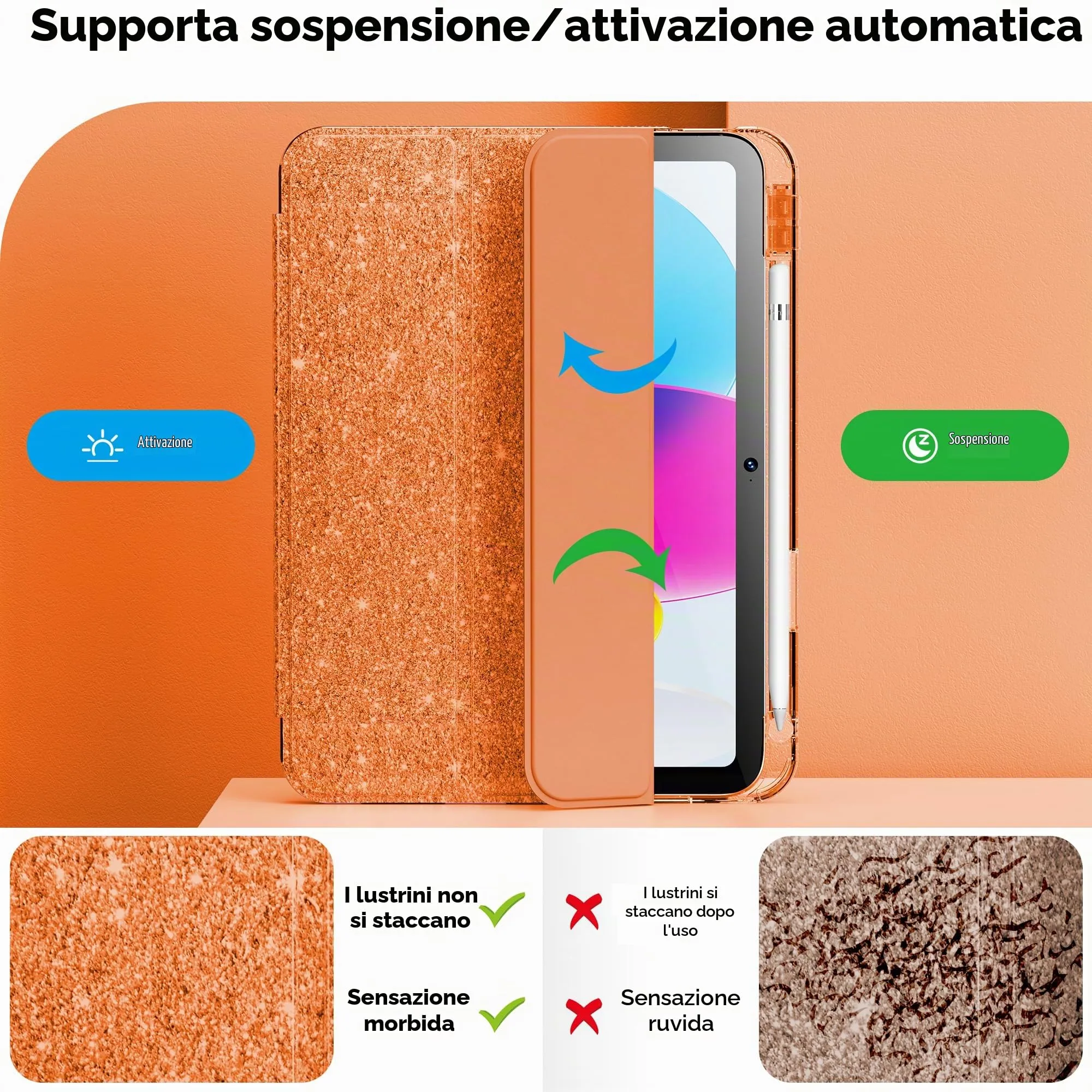 INFILAND Custodia per iPad 11 Generazione A16 11 Pollici 2025/iPad 10 Generazione 10,9 Pollici 2022,Glitterata con Retro Trasparente Brillante, Portapenne, per Bambini e Ragazze (Arancio Fuoco) - immagine 6