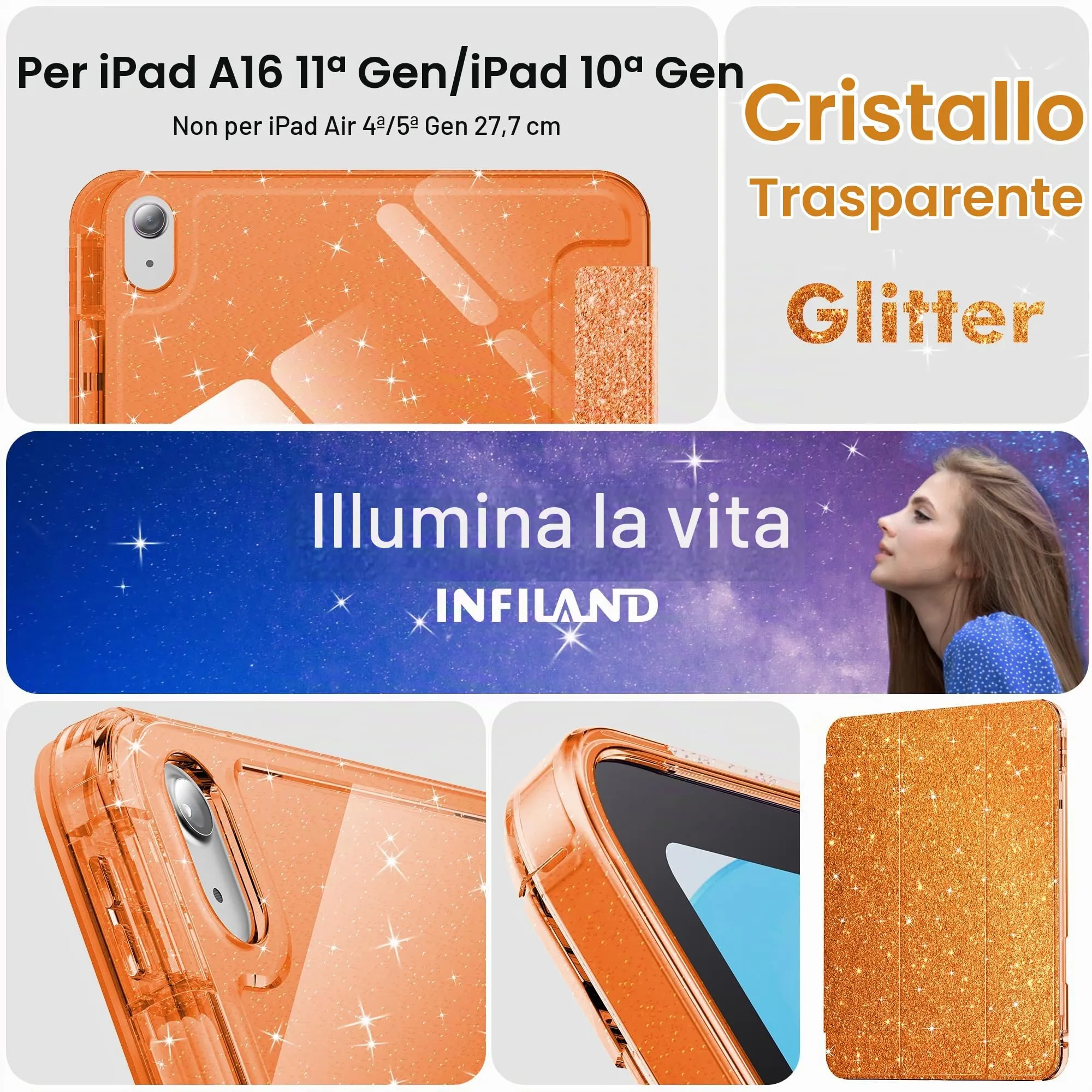 INFILAND Custodia per iPad 11 Generazione A16 11 Pollici 2025/iPad 10 Generazione 10,9 Pollici 2022,Glitterata con Retro Trasparente Brillante, Portapenne, per Bambini e Ragazze (Arancio Fuoco) - immagine 7