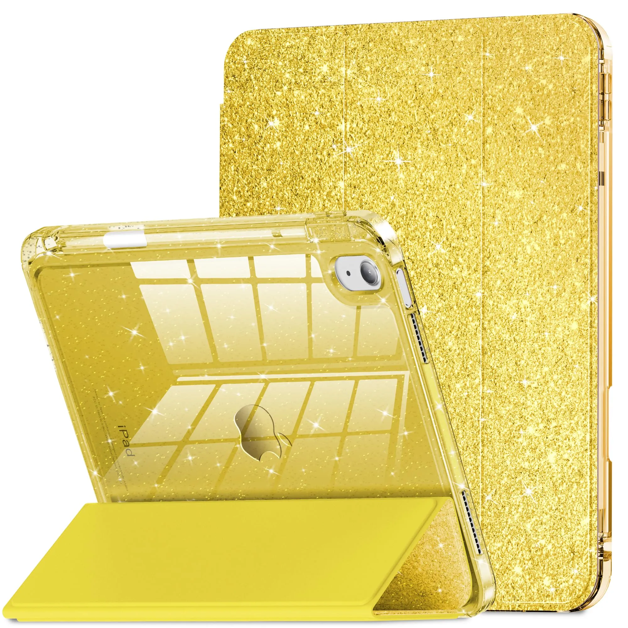 INFILAND Custodia per iPad 11 Generazione A16 11 Pollici 2025/iPad 10 Generazione 10,9 Pollici 2022,Glitterata con Retro Trasparente Brillante, Portapenne, per Bambini e Ragazze (Giallo dorato) - immagine 1
