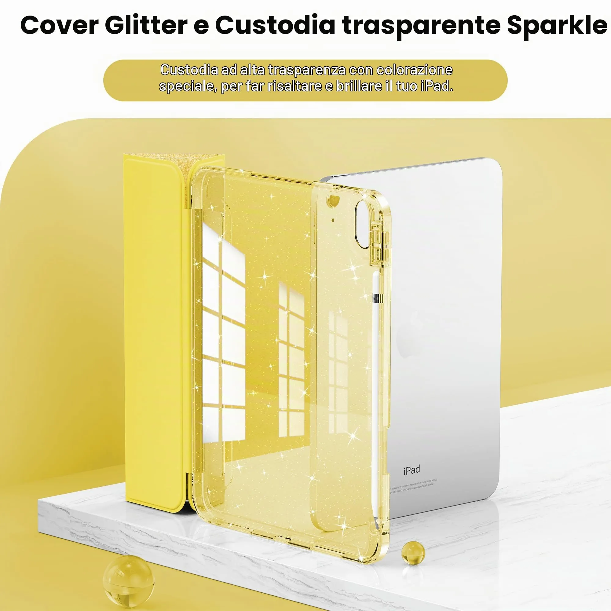 INFILAND Custodia per iPad 11 Generazione A16 11 Pollici 2025/iPad 10 Generazione 10,9 Pollici 2022,Glitterata con Retro Trasparente Brillante, Portapenne, per Bambini e Ragazze (Giallo dorato) - immagine 3