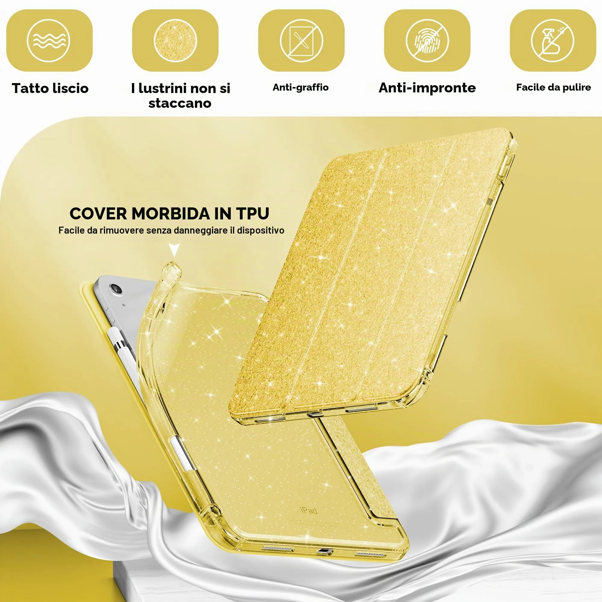 INFILAND Custodia per iPad 11 Generazione A16 11 Pollici 2025/iPad 10 Generazione 10,9 Pollici 2022,Glitterata con Retro Trasparente Brillante, Portapenne, per Bambini e Ragazze (Giallo dorato) - immagine 4