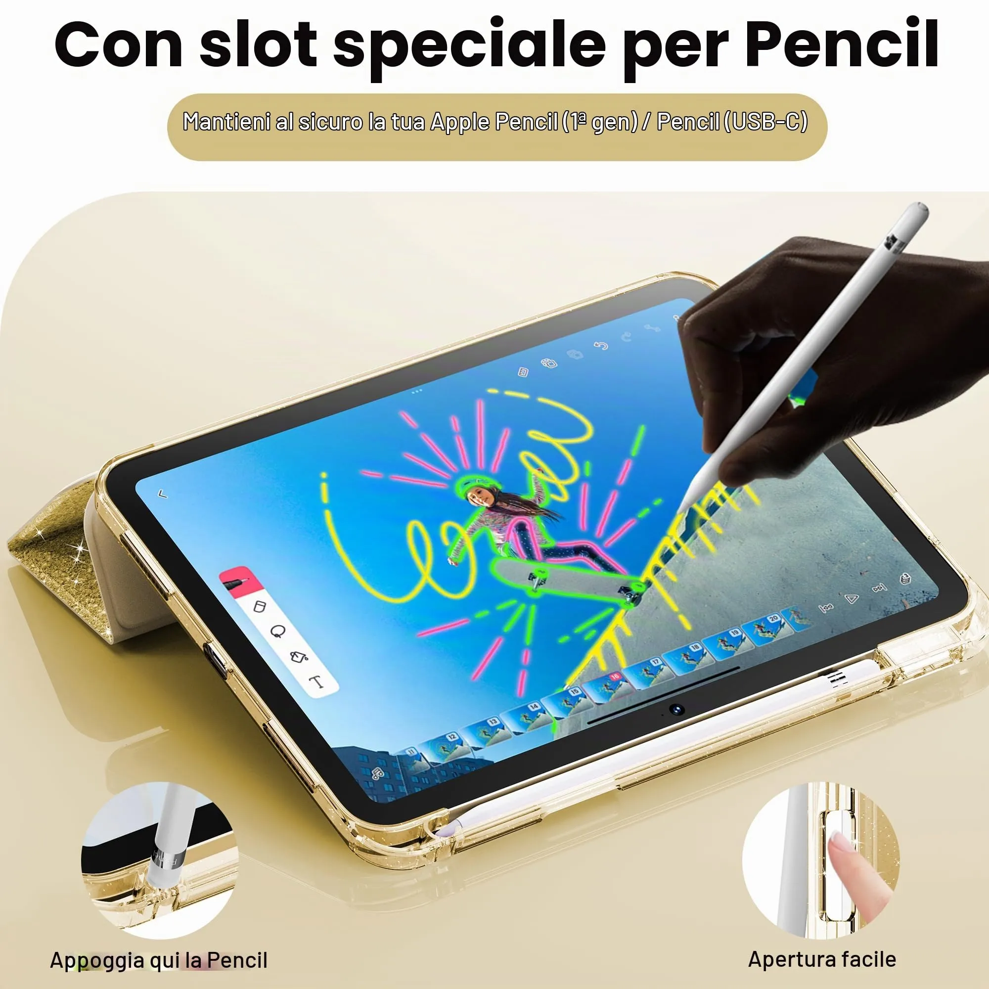 INFILAND Custodia per iPad 11 Generazione A16 11 Pollici 2025/iPad 10 Generazione 10,9 Pollici 2022,Glitterata con Retro Trasparente Brillante, Portapenne, per Bambini e Ragazze (Giallo dorato) - immagine 5