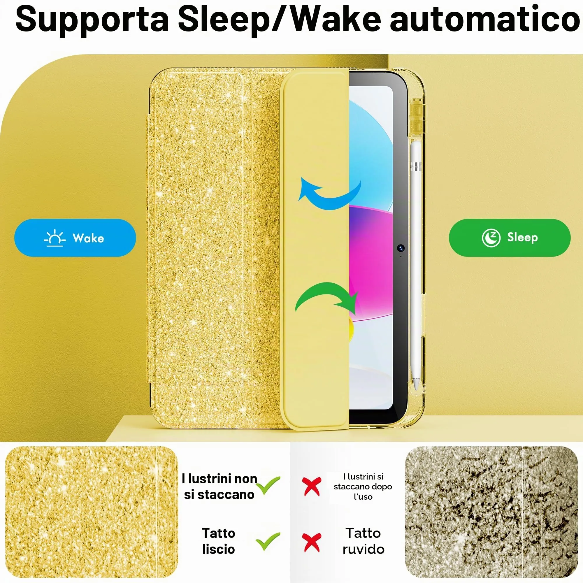 INFILAND Custodia per iPad 11 Generazione A16 11 Pollici 2025/iPad 10 Generazione 10,9 Pollici 2022,Glitterata con Retro Trasparente Brillante, Portapenne, per Bambini e Ragazze (Giallo dorato) - immagine 6