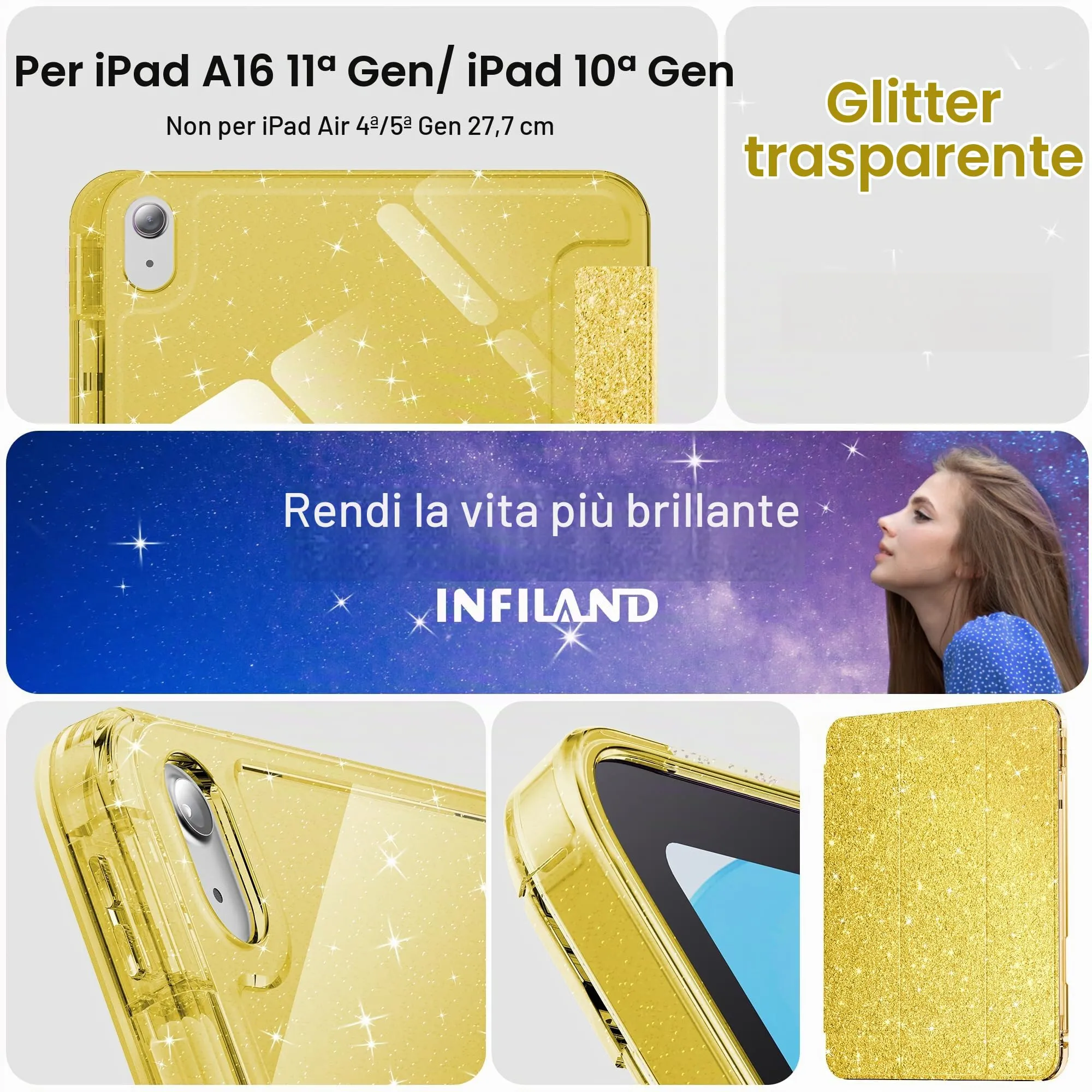INFILAND Custodia per iPad 11 Generazione A16 11 Pollici 2025/iPad 10 Generazione 10,9 Pollici 2022,Glitterata con Retro Trasparente Brillante, Portapenne, per Bambini e Ragazze (Giallo dorato) - immagine 7