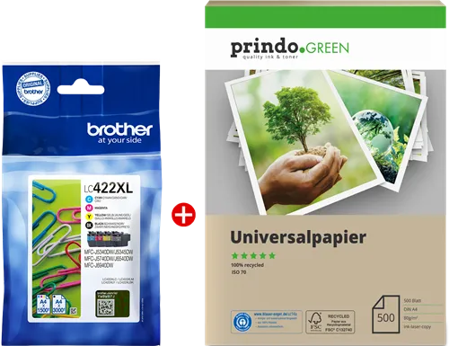 ORIGINALE Brother Value Pack nero / ciano / magenta / giallo LC422XL MCVP + Carta riciclabile Prindo Green 500 fogli - immagine 1