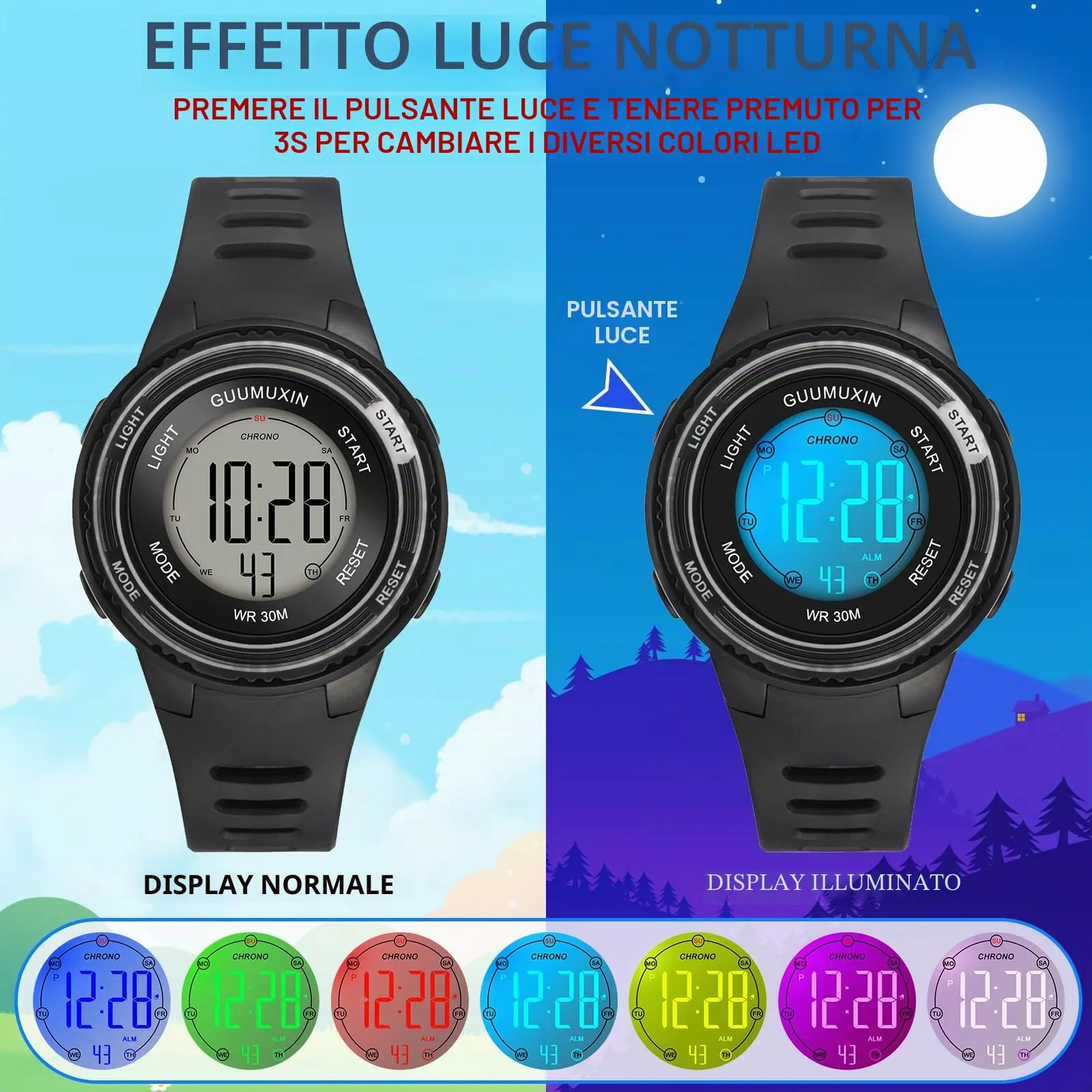 GUUMUXIN Orologio Digitale,7 Luci,3ATM,Sportivo,5-16 Anni - immagine 2