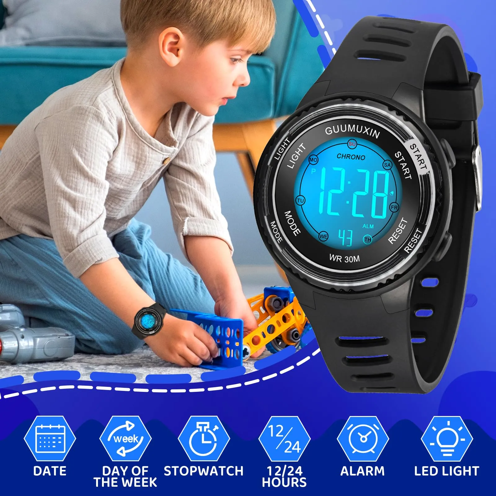 GUUMUXIN Orologio Digitale,7 Luci,3ATM,Sportivo,5-16 Anni - immagine 4