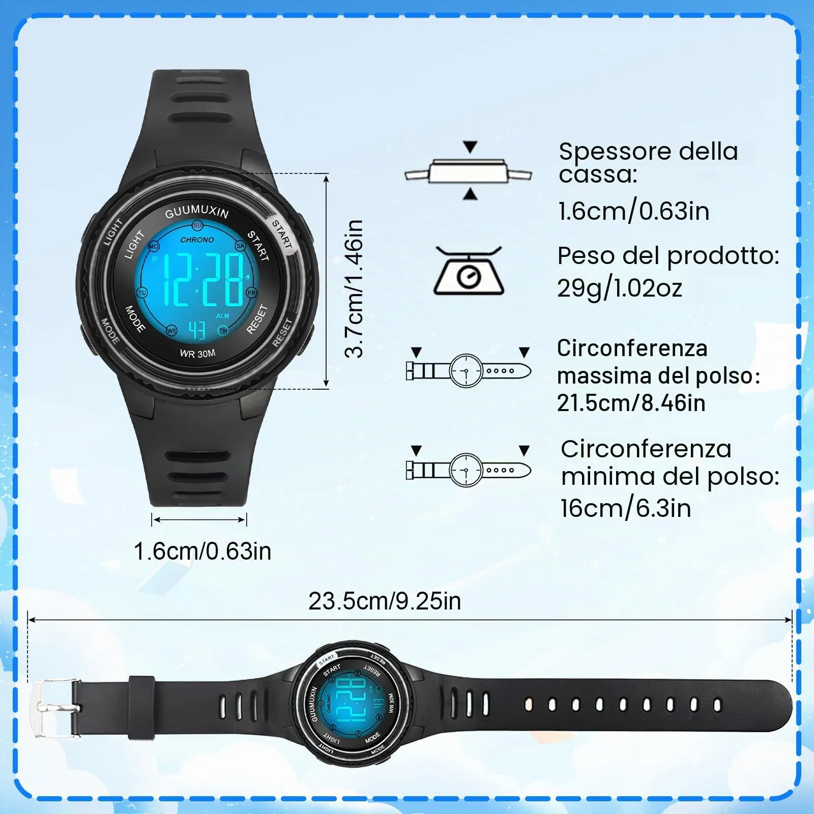 GUUMUXIN Orologio Digitale,7 Luci,3ATM,Sportivo,5-16 Anni - immagine 5
