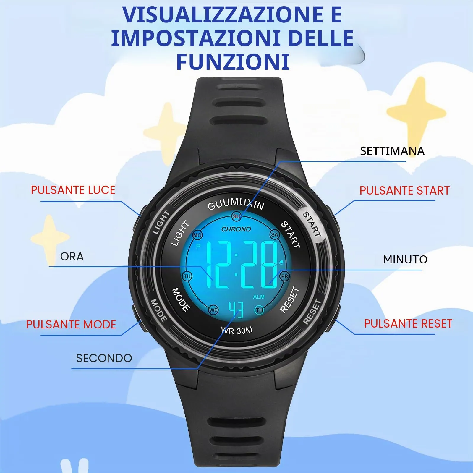 GUUMUXIN Orologio Digitale,7 Luci,3ATM,Sportivo,5-16 Anni - immagine 7