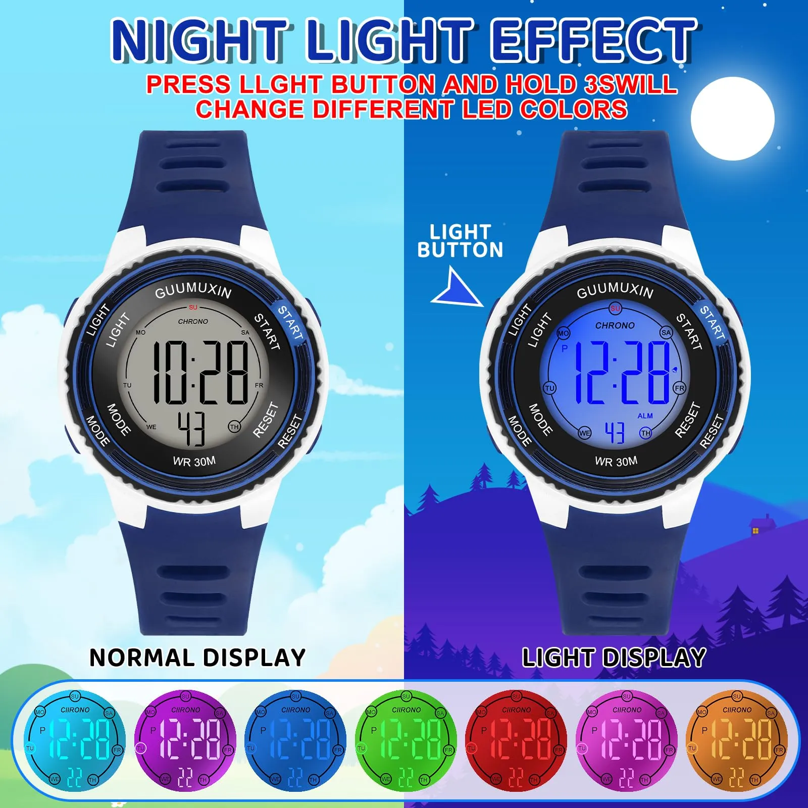GUUMUXIN Orologio Digitale,7 Luci,3ATM,Sportivo,5-16 Anni - immagine 2