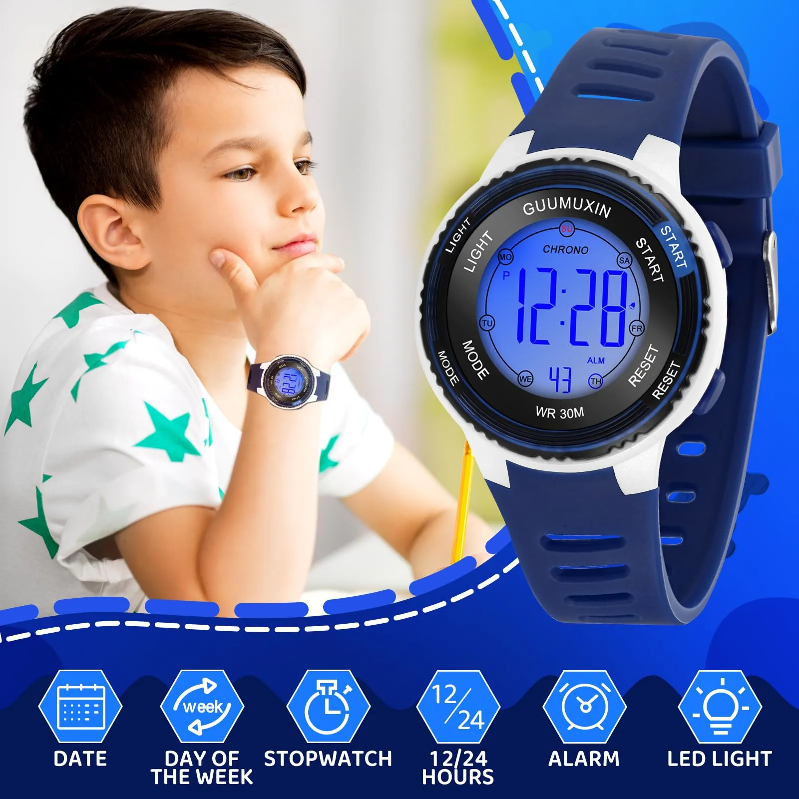 GUUMUXIN Orologio Digitale,7 Luci,3ATM,Sportivo,5-16 Anni - immagine 4