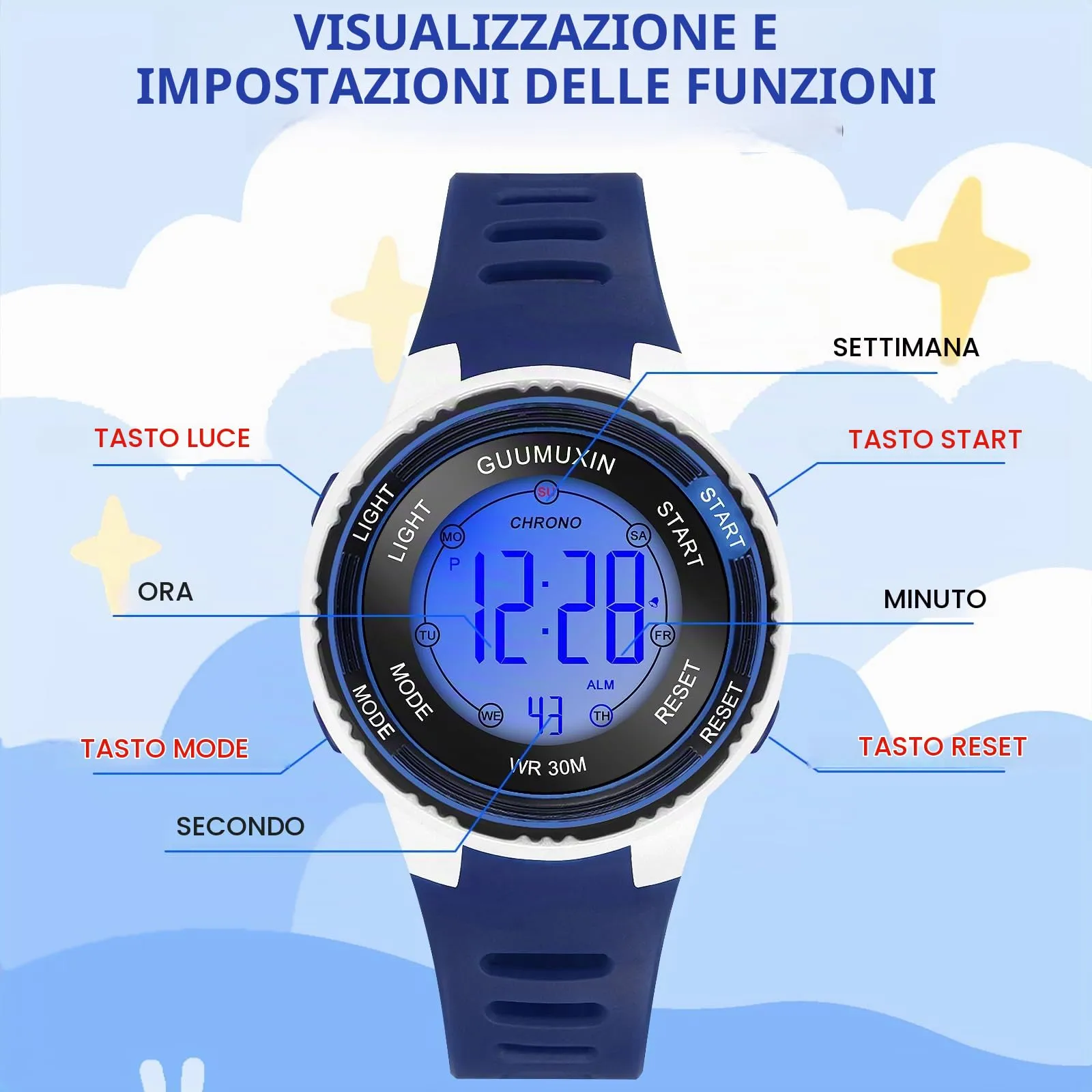 GUUMUXIN Orologio Digitale,7 Luci,3ATM,Sportivo,5-16 Anni - immagine 7