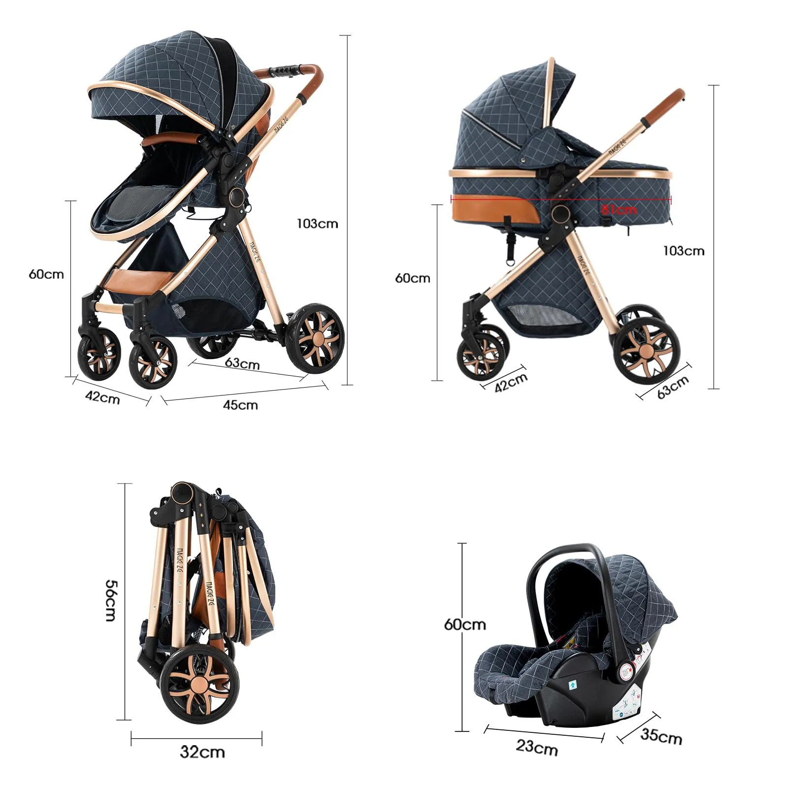 Reenborn Passeggino Trio, Passeggino 3 in 1 con Due Modi Reversibili Spingere, Trio Neonati con Telaio Alluminio Paesaggistico Alto, Design Pieghevole in Un Clic (V9 Khaki) - immagine 6