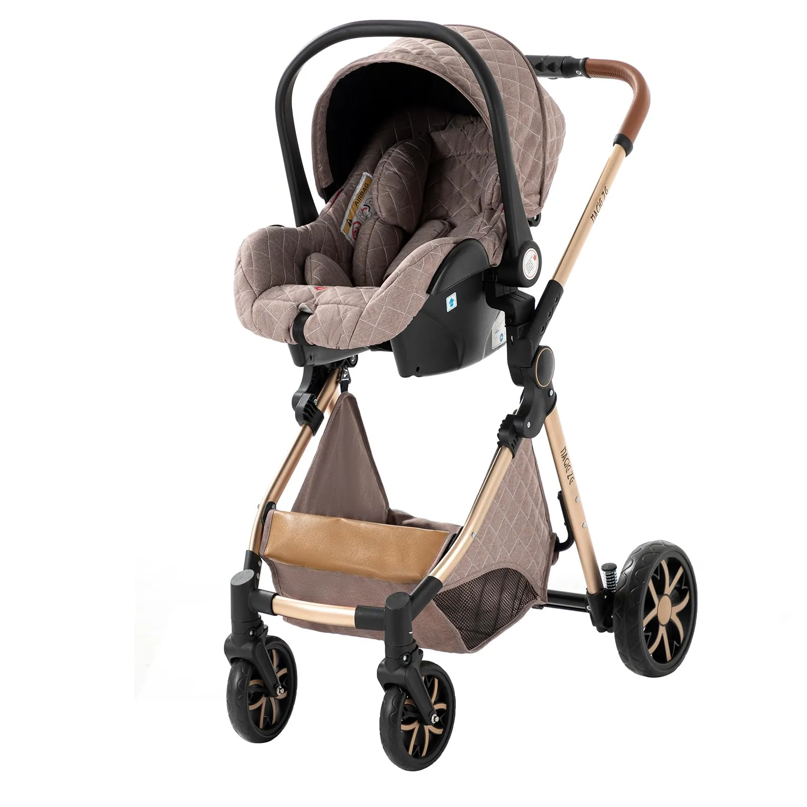 Reenborn Passeggino Trio, Passeggino 3 in 1 con Due Modi Reversibili Spingere, Trio Neonati con Telaio Alluminio Paesaggistico Alto, Design Pieghevole in Un Clic (V9 Khaki) - immagine 8