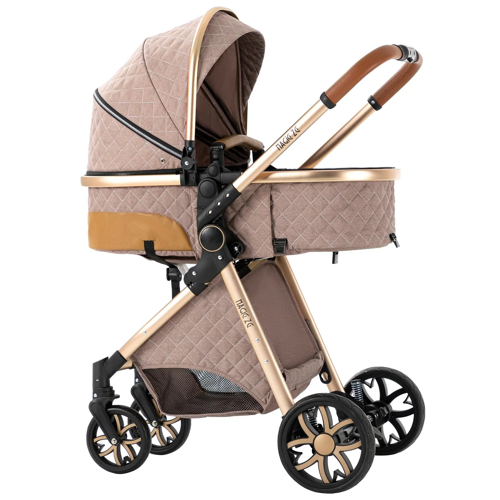 Reenborn Passeggino Trio, Passeggino 3 in 1 con Due Modi Reversibili Spingere, Trio Neonati con Telaio Alluminio Paesaggistico Alto, Design Pieghevole in Un Clic (V9 Khaki) - immagine 9