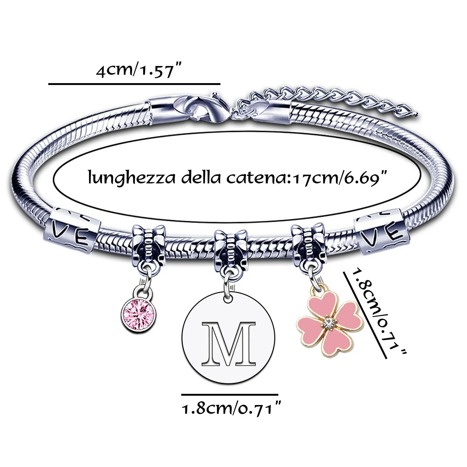 KJKJKJ A-Z 26 Lettera Iniziale Ciondolo Bracciale Donne - Regalo Personalizzato per Natale, Compleanno, Laurea - Idea per Figlia, Sorelle, Amici, Amante (M) - immagine 2