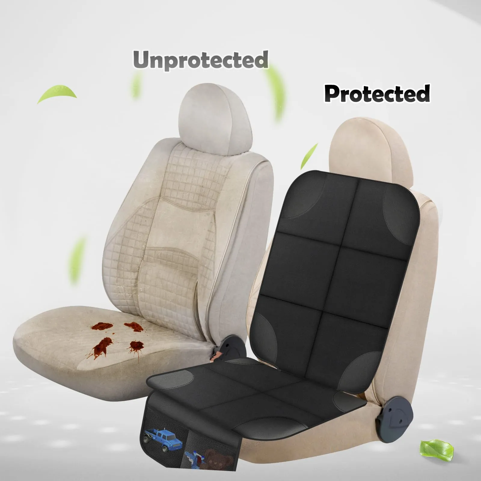 AiQInu Protezione Sedile Auto, 2Pcs Protezioni Per Seggiolino Auto Impermeabile Antiscivolo per Bambini Compatibile con 2 Tasche Portaoggetti per Suv,Berlina,Seggiolino Auto in Pelle E Tessuto - immagine 7