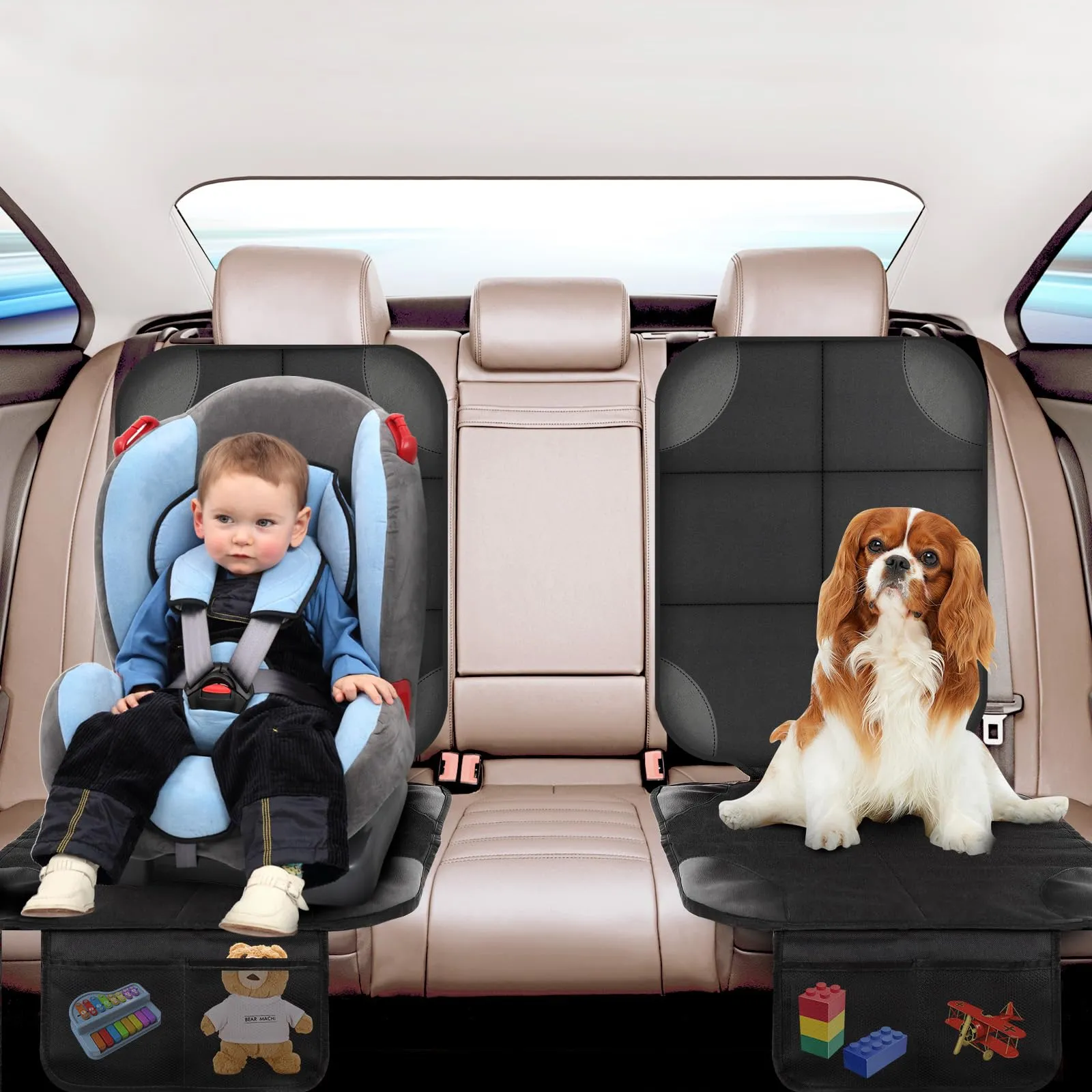 AiQInu Protezione Sedile Auto, 2Pcs Protezioni Per Seggiolino Auto Impermeabile Antiscivolo per Bambini Compatibile con 2 Tasche Portaoggetti per Suv,Berlina,Seggiolino Auto in Pelle E Tessuto - immagine 8