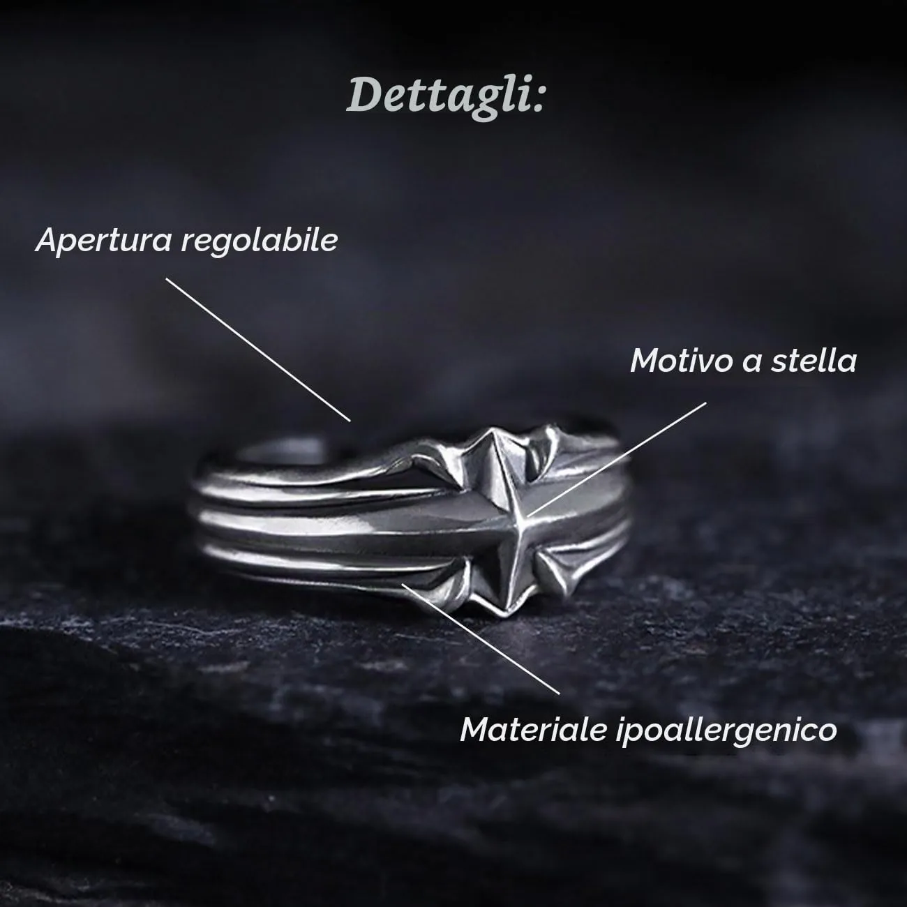 KONFEN Anello Stella Uomo, Vichingo Anelli Intagliati Regolabile per Uomo Materiale Ipoallergenico, Vintage Hip Pop Anelli Aperti Gothic Punk Classic Unique Texture Mens Jewellery, Argento - immagine 4