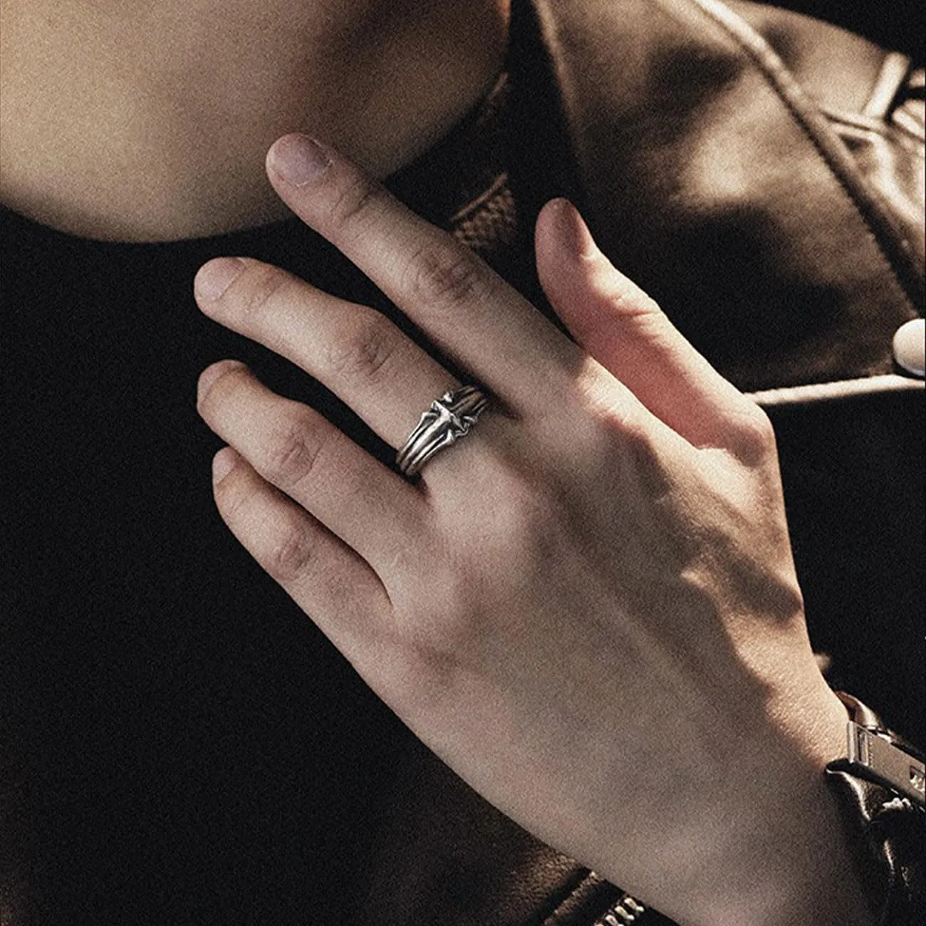 KONFEN Anello Stella Uomo, Vichingo Anelli Intagliati Regolabile per Uomo Materiale Ipoallergenico, Vintage Hip Pop Anelli Aperti Gothic Punk Classic Unique Texture Mens Jewellery, Argento - immagine 7