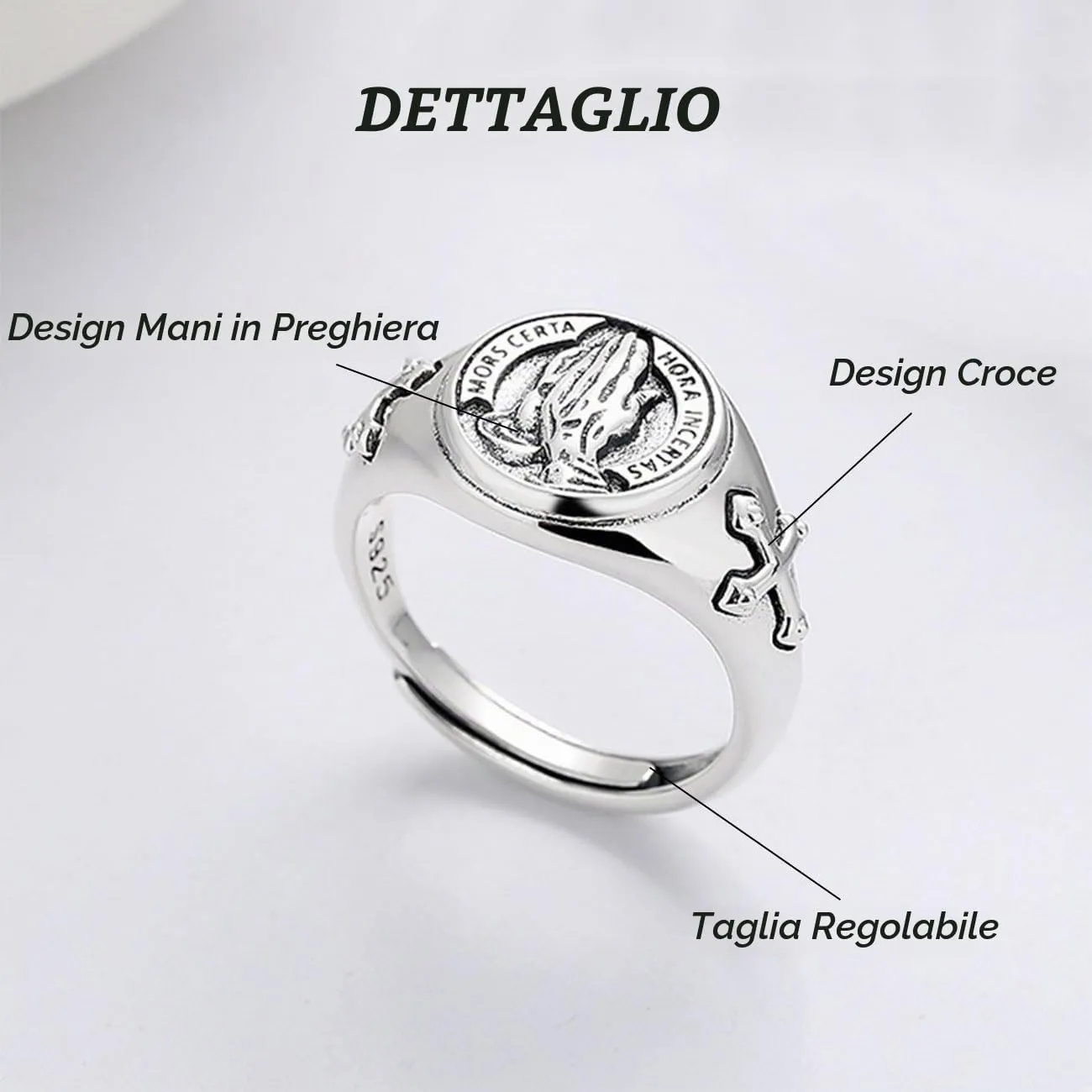 KONFEN Anello da Uomo con Mani in Preghiera, Vichingo Anelli Regolabili Intagliate per Uomo Materiale Ipoallergenico, Croce Vintage Hip Pop Aperti Gotico Punk Unico Texture Gioielli Uomo, Argento - immagine 5