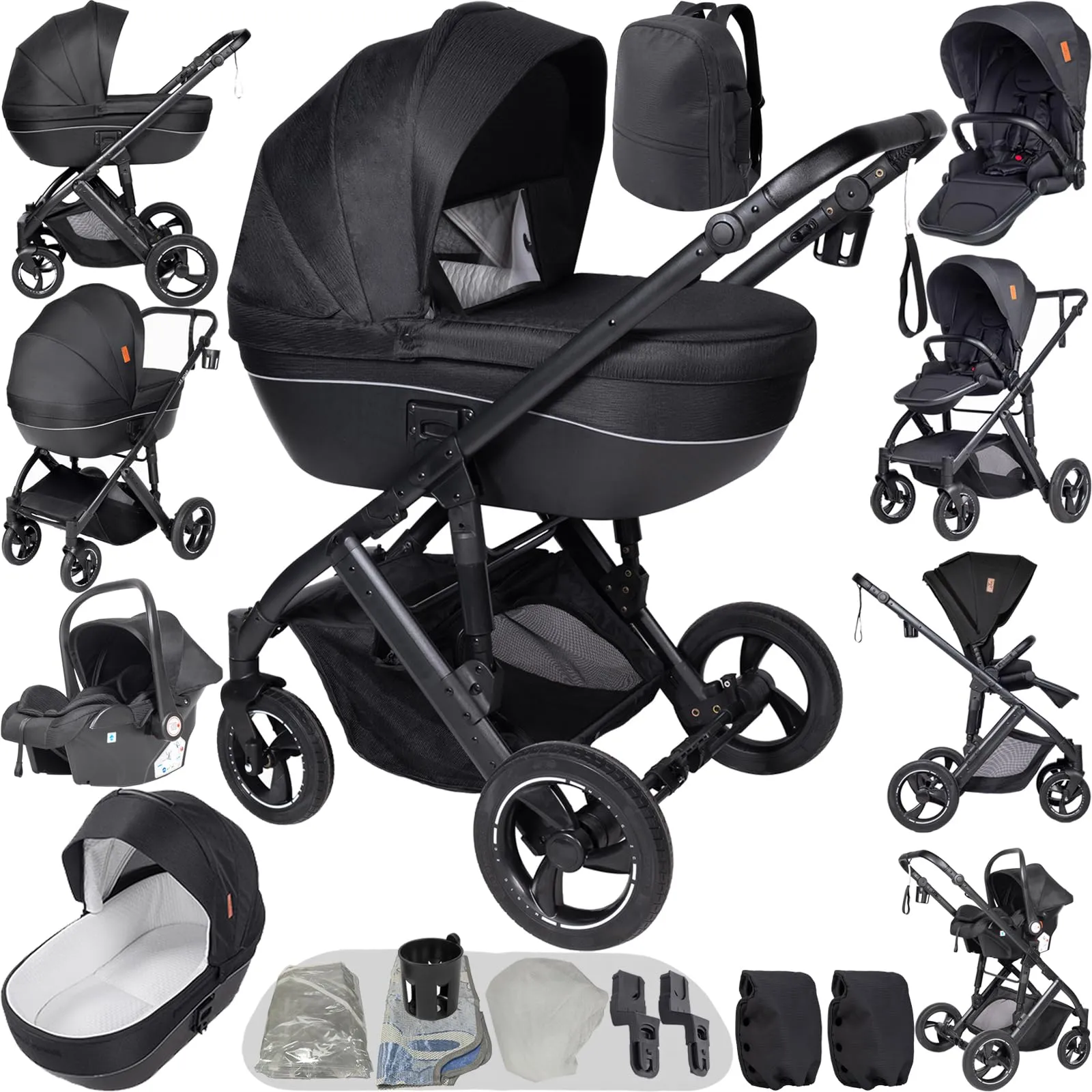 Reenborn Passeggino 4 in 1, Passeggino Trio con Due Modi Reversibili Spingere, Trio Neonati con Telaio Alluminio Paesaggistico Alto, Design Pieghevole in Un Clic (H2 Black) - immagine 1