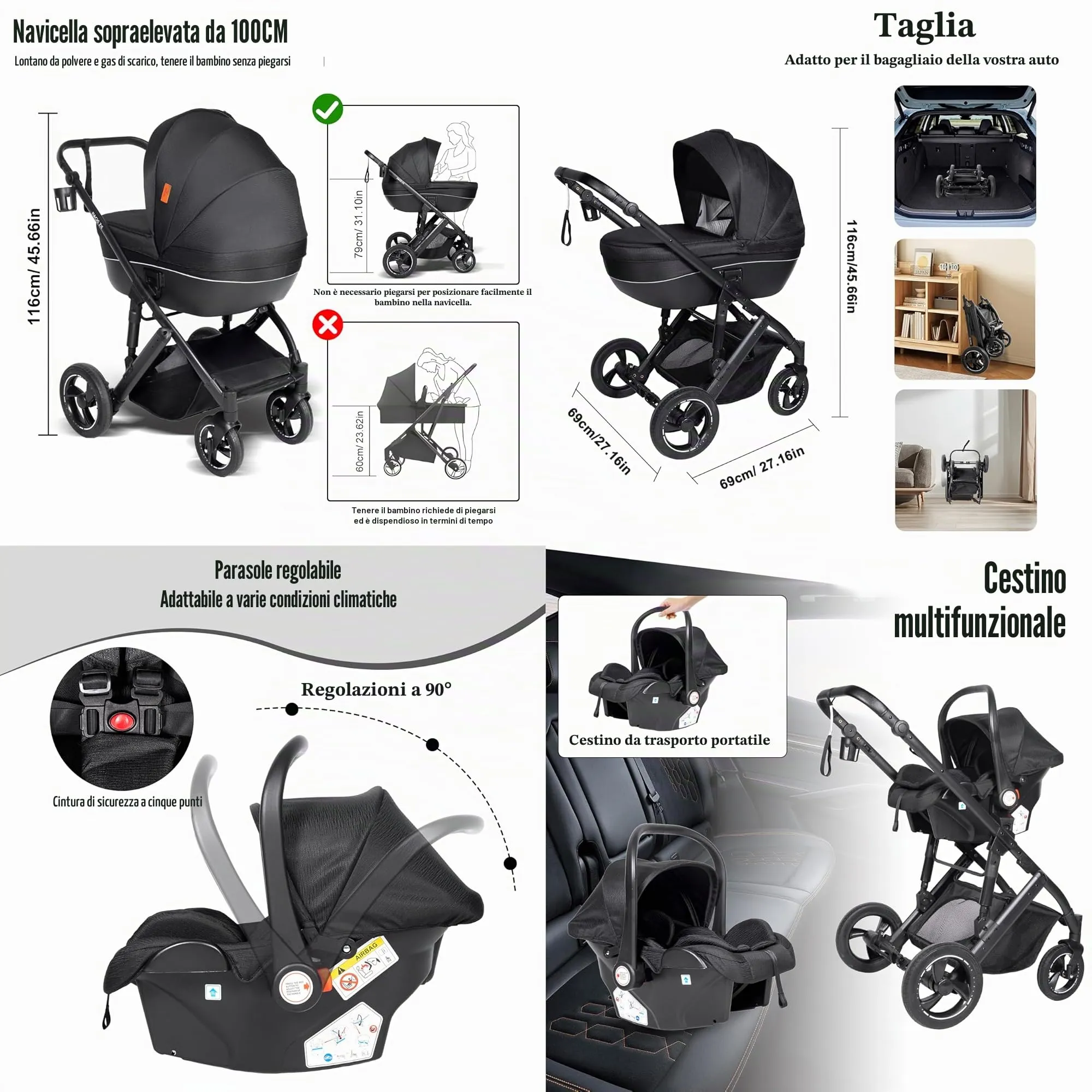 Reenborn Passeggino 4 in 1, Passeggino Trio con Due Modi Reversibili Spingere, Trio Neonati con Telaio Alluminio Paesaggistico Alto, Design Pieghevole in Un Clic (H2 Black) - immagine 5