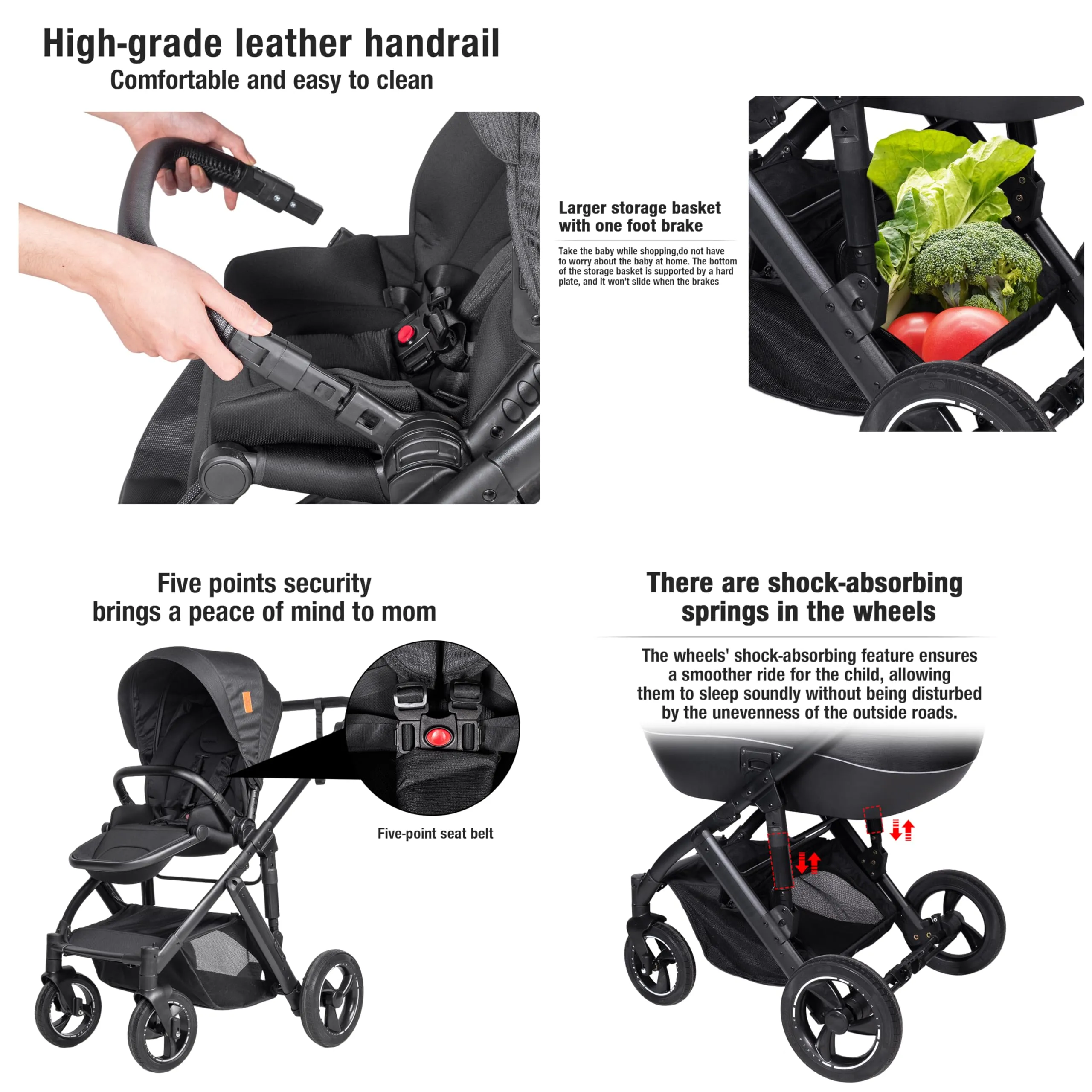 Reenborn Passeggino 4 in 1, Passeggino Trio con Due Modi Reversibili Spingere, Trio Neonati con Telaio Alluminio Paesaggistico Alto, Design Pieghevole in Un Clic (H2 Black) - immagine 7